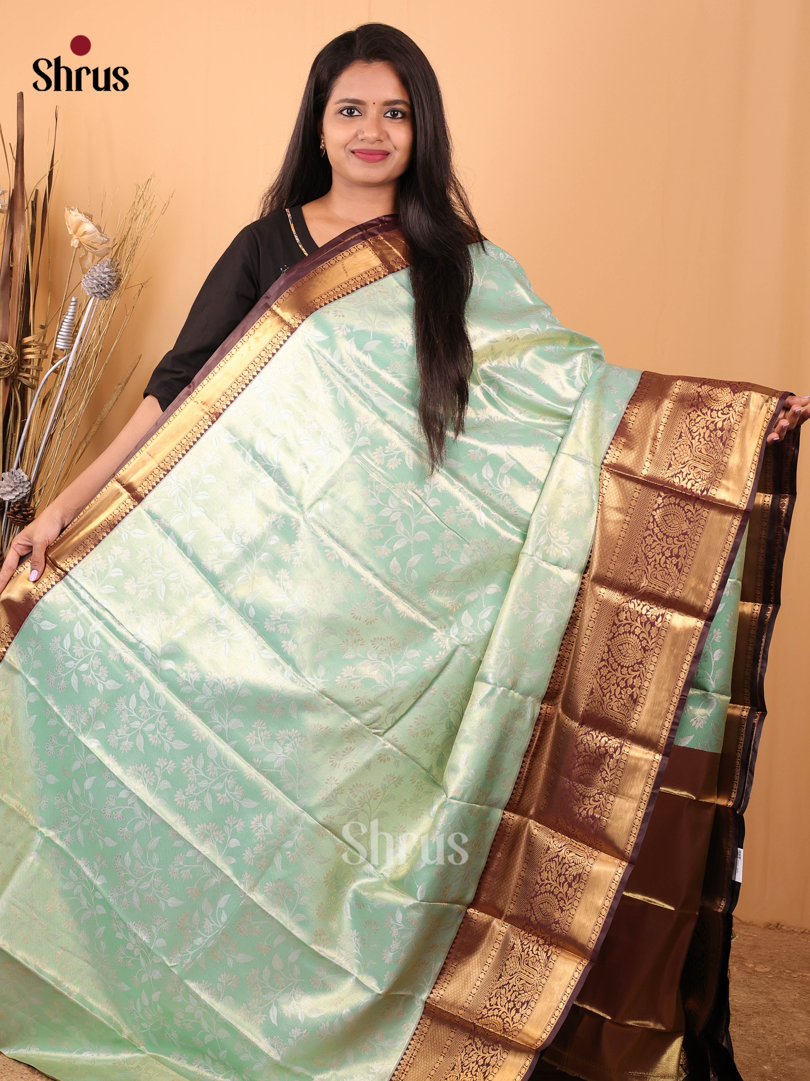 Aqua Green & Brown- Kanchipuram-halfpure Saree - Shop on Shrus.com