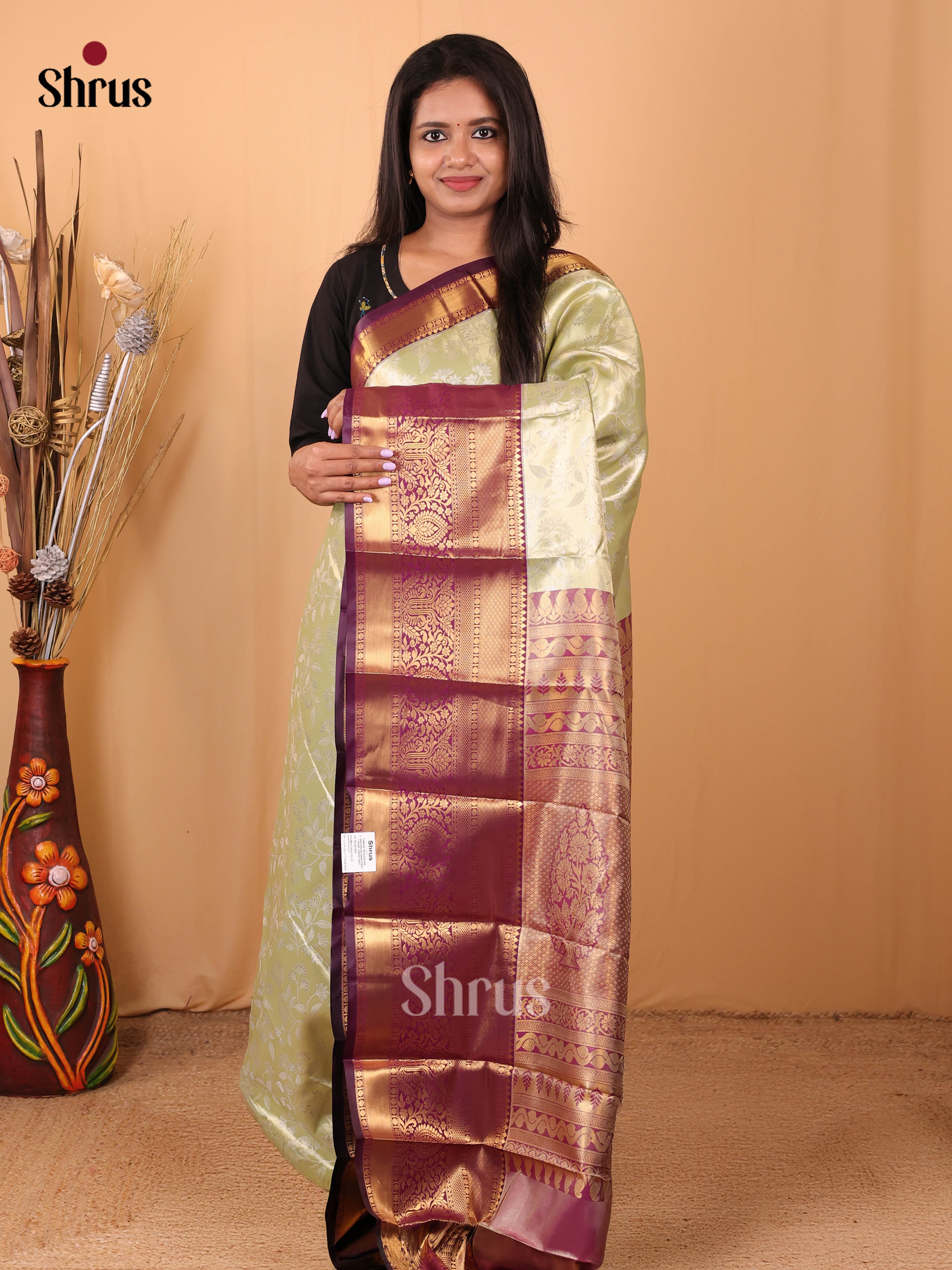 Pastel Green & Purple - Kanchipuram-halfpure Saree - Shop on Shrus.com