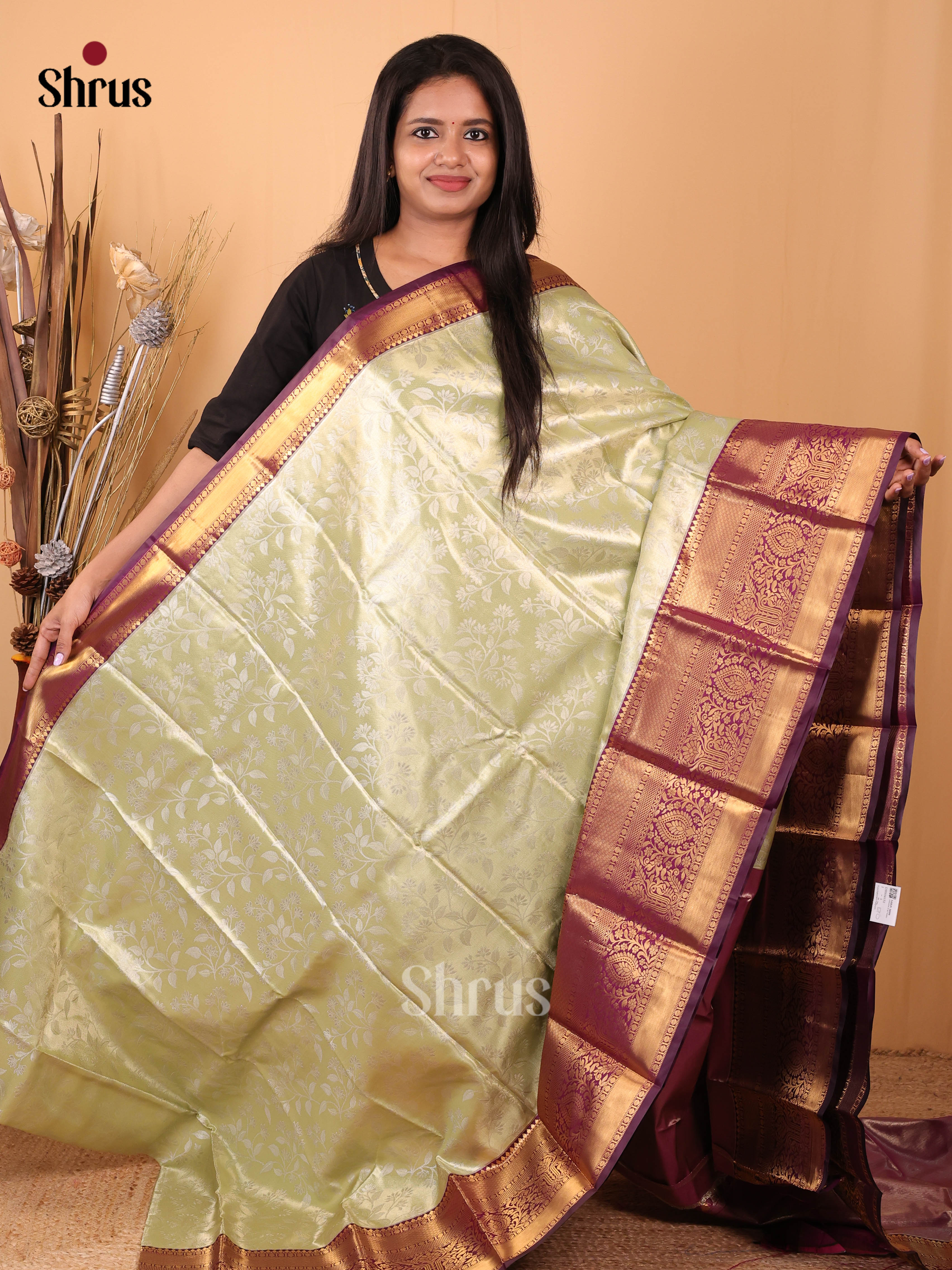 Pastel Green & Purple - Kanchipuram-halfpure Saree - Shop on Shrus.com