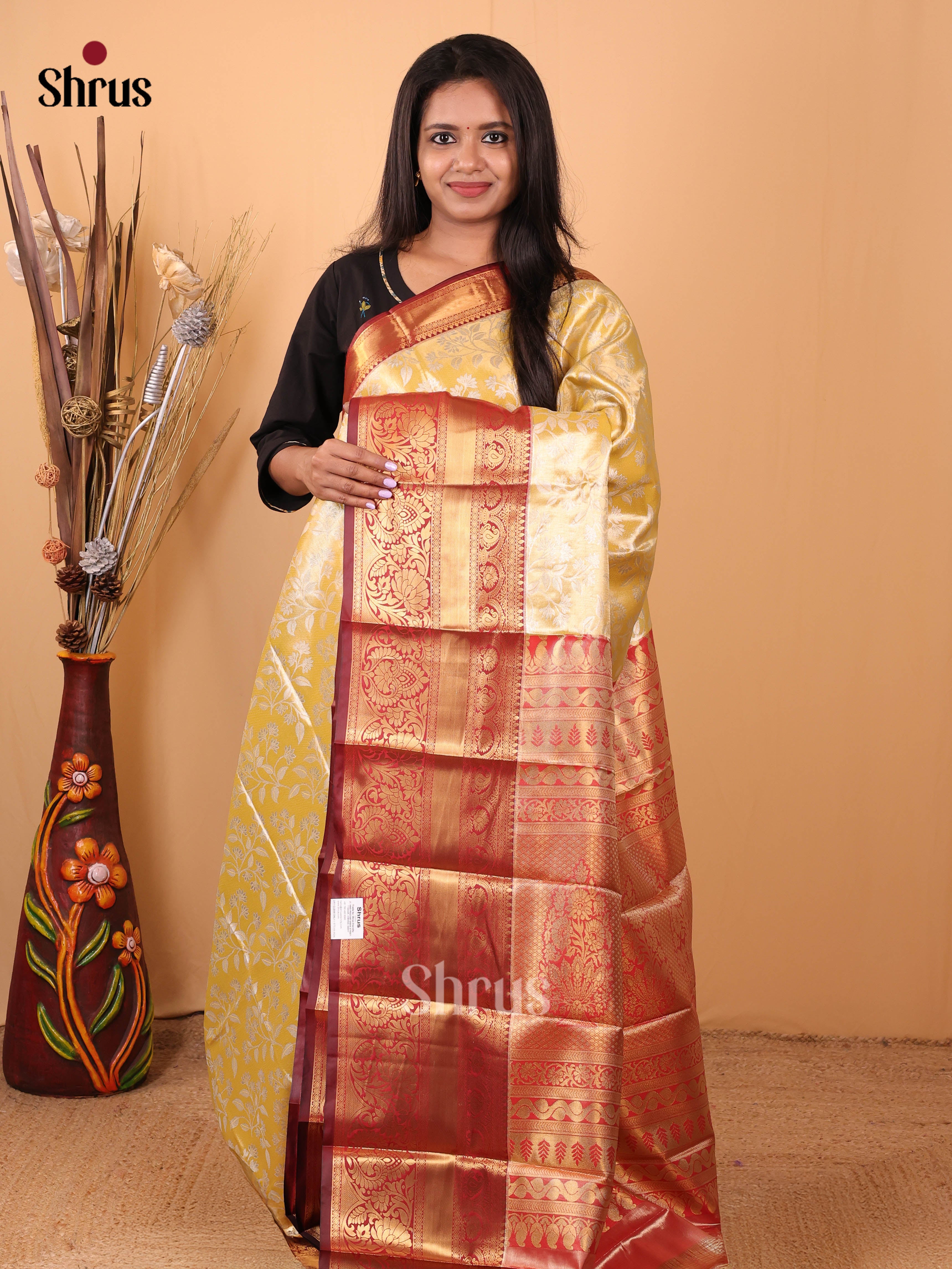 Yellow & Maroon - Kanchipuram-halfpure Saree - Shop on Shrus.com