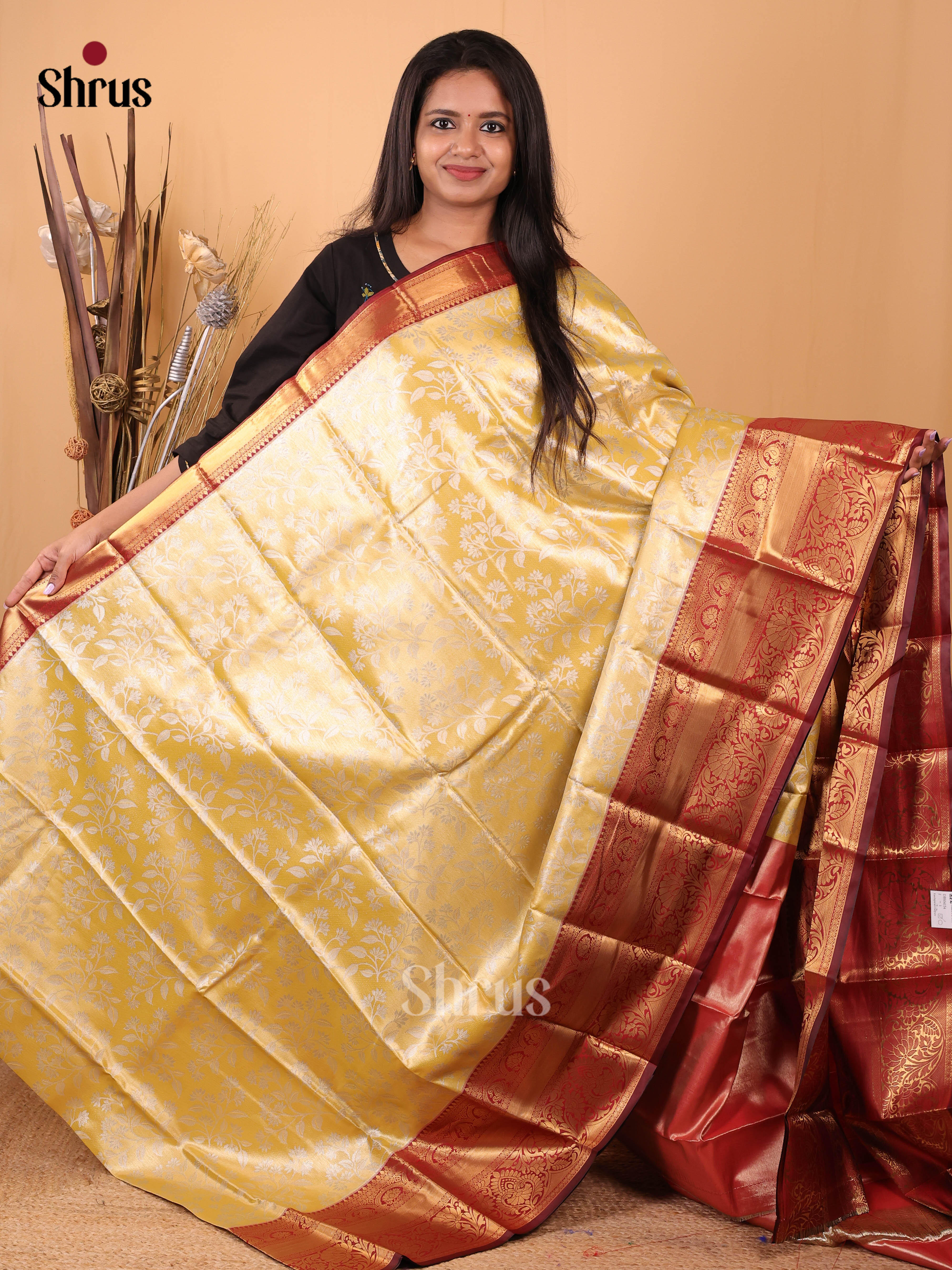 Yellow & Maroon - Kanchipuram-halfpure Saree - Shop on Shrus.com
