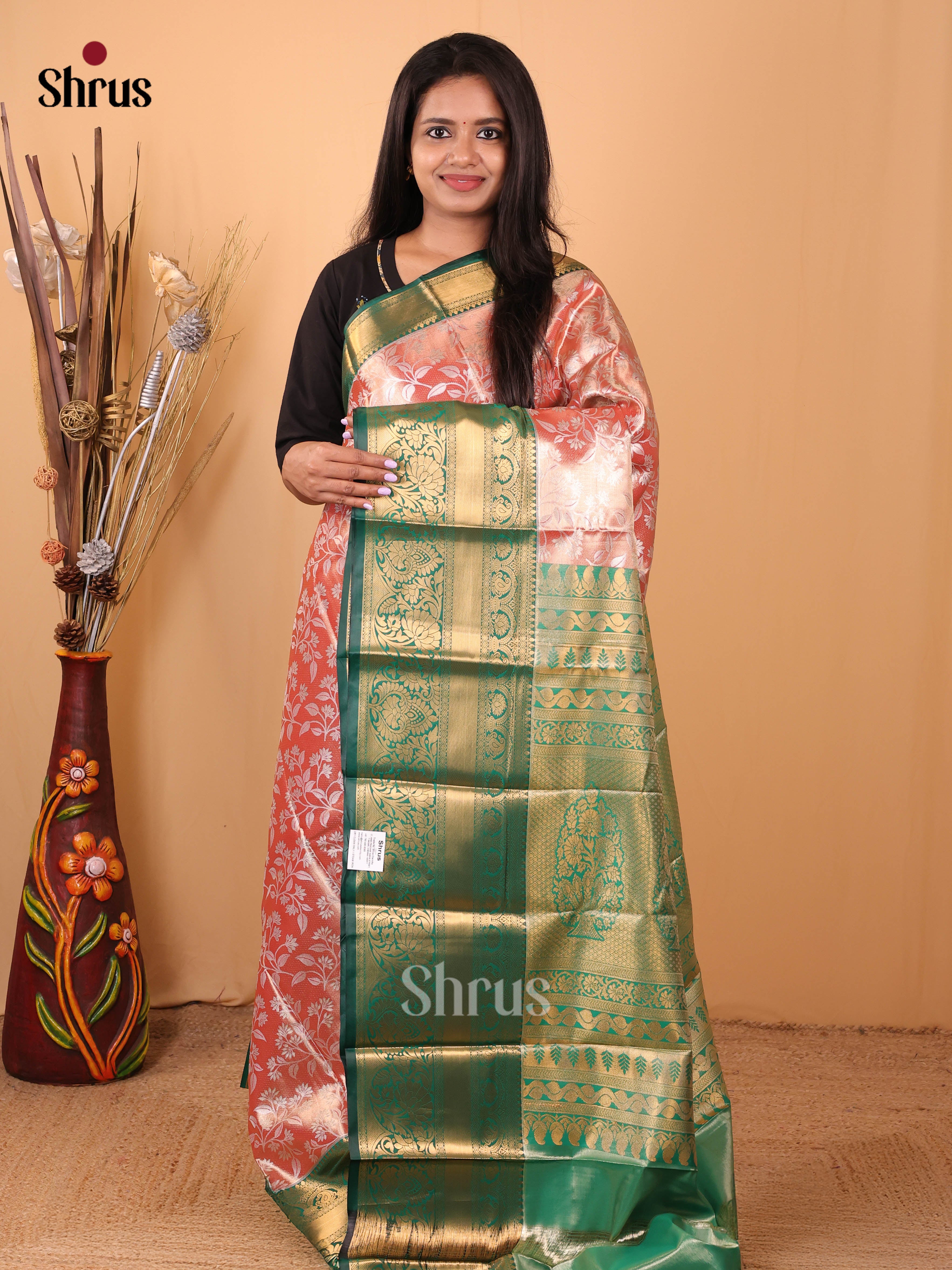 Pink & Green - Kanchipuram-halfpure Saree - Shop on Shrus.com