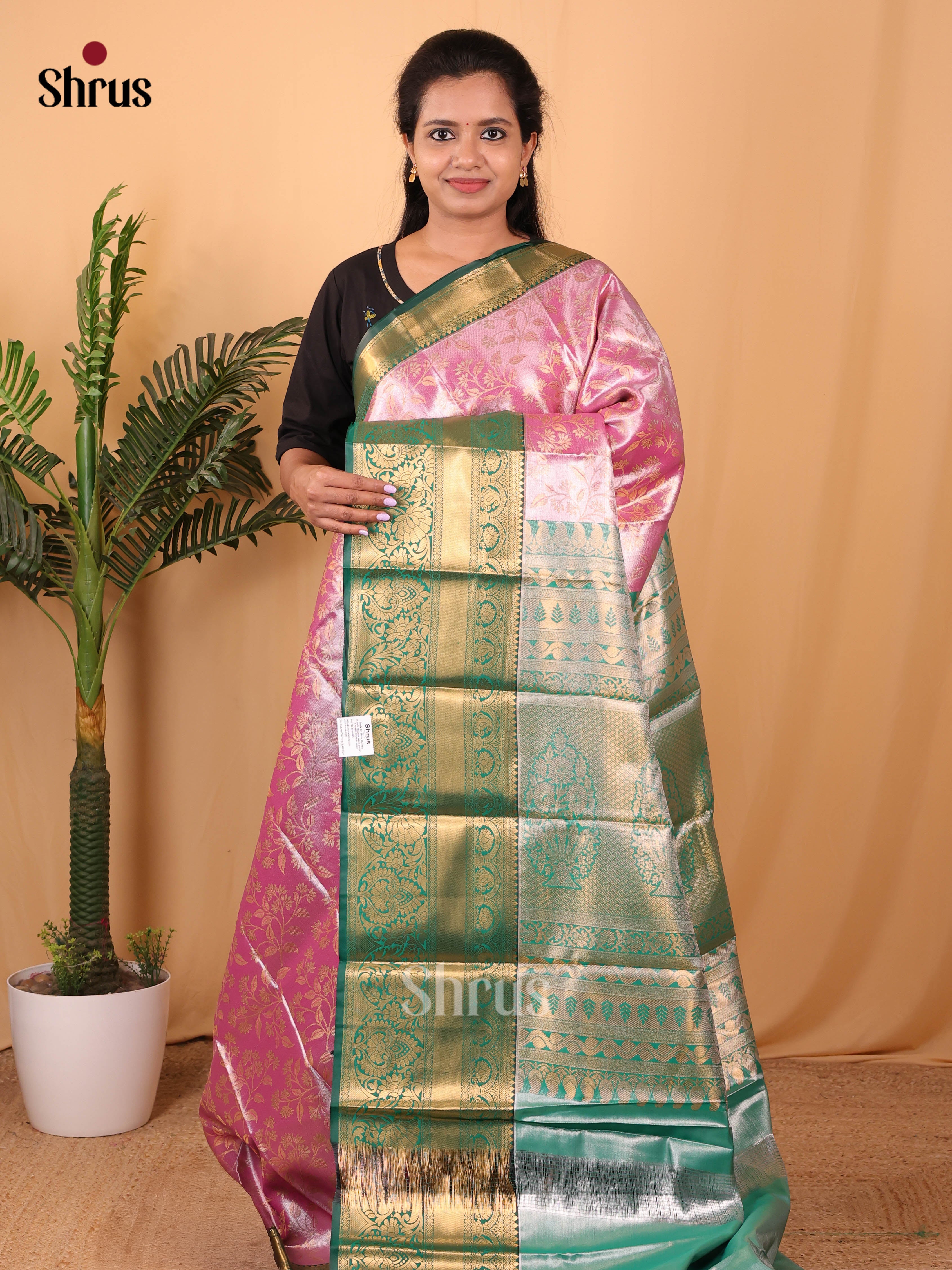 Pink & Green - Kanchipuram-halfpure Saree - Shop on Shrus.com