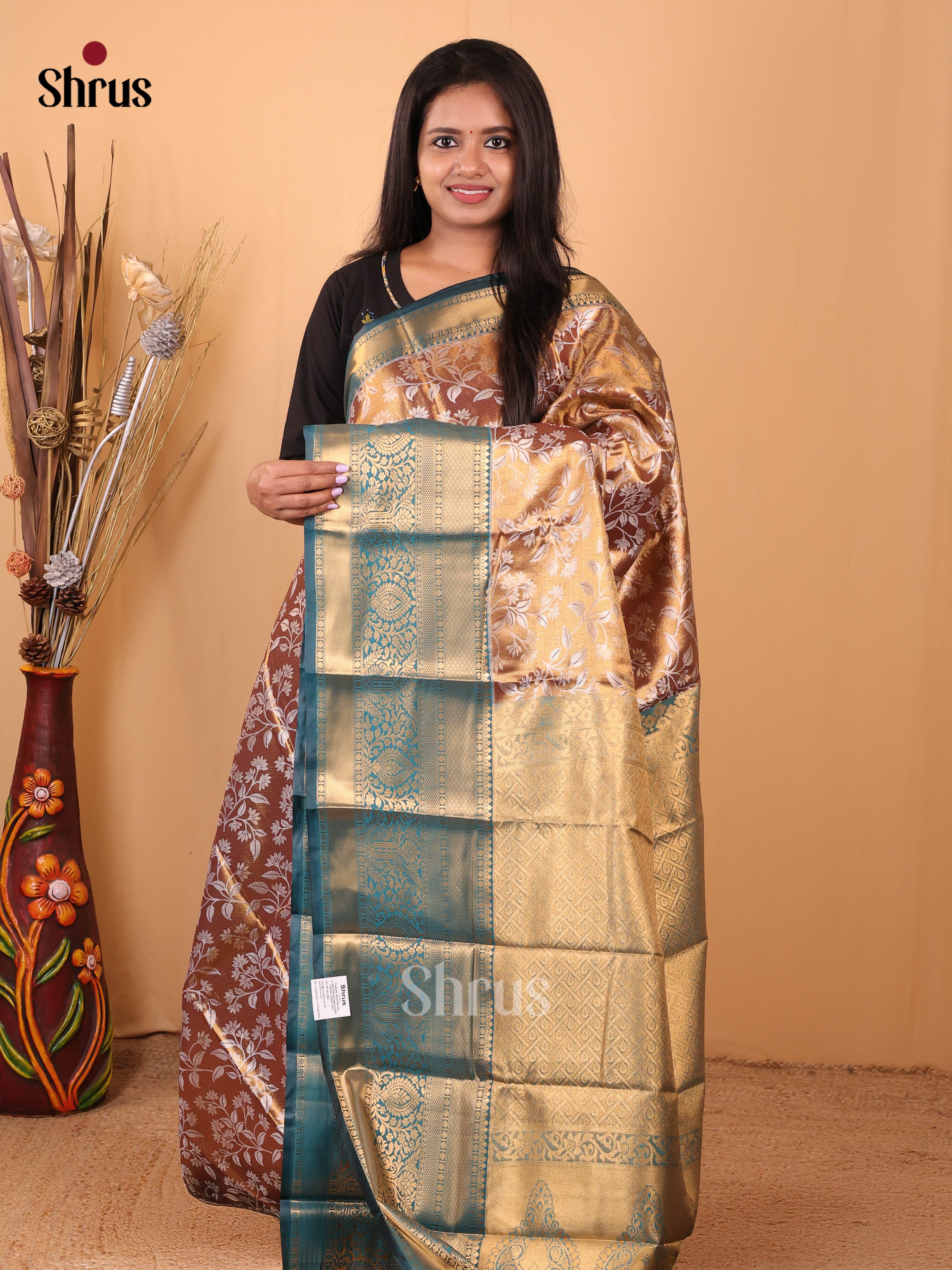 Brown & Blue - Kanchipuram-halfpure Saree - Shop on Shrus.com