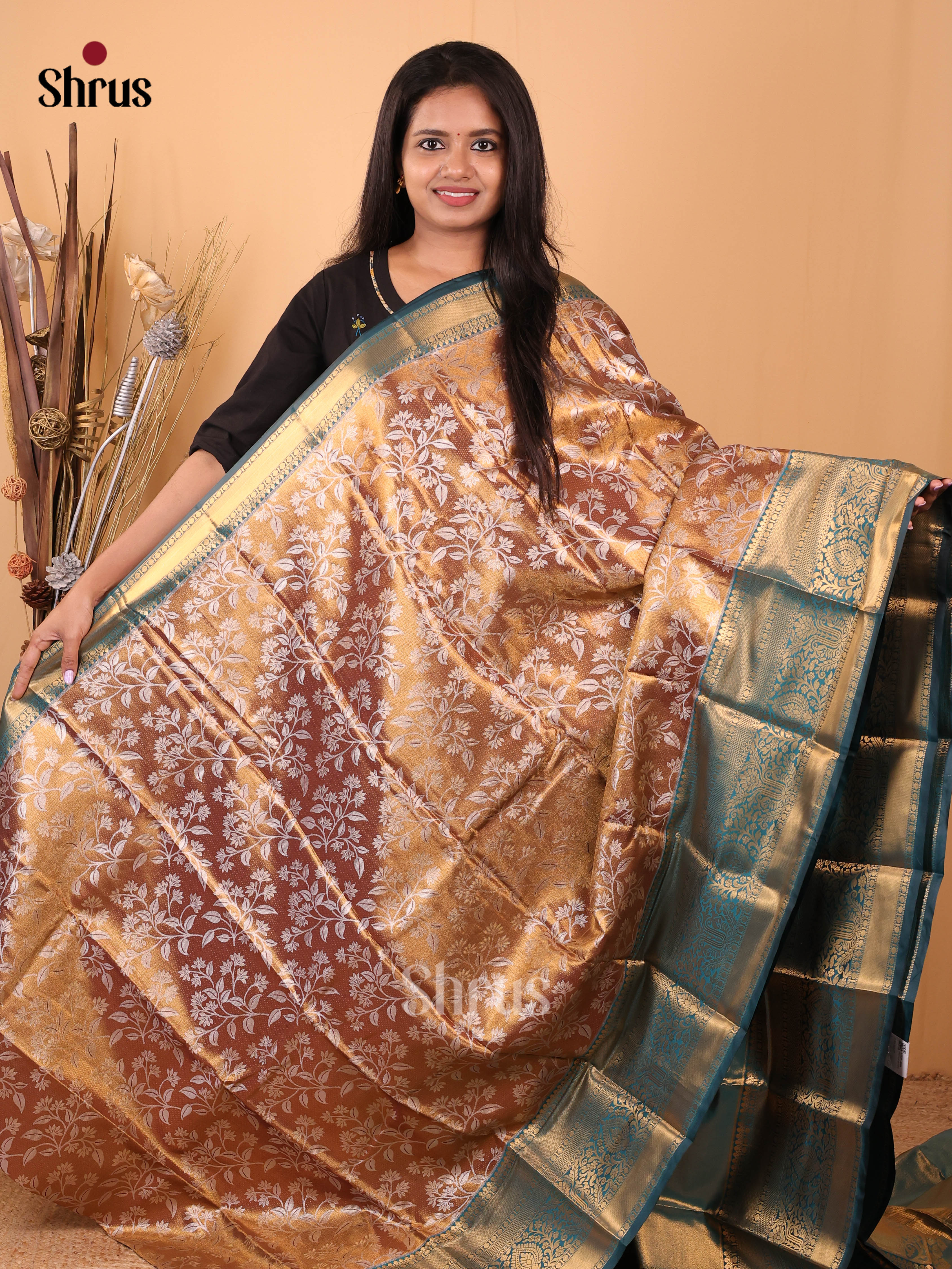Brown & Blue - Kanchipuram-halfpure Saree - Shop on Shrus.com