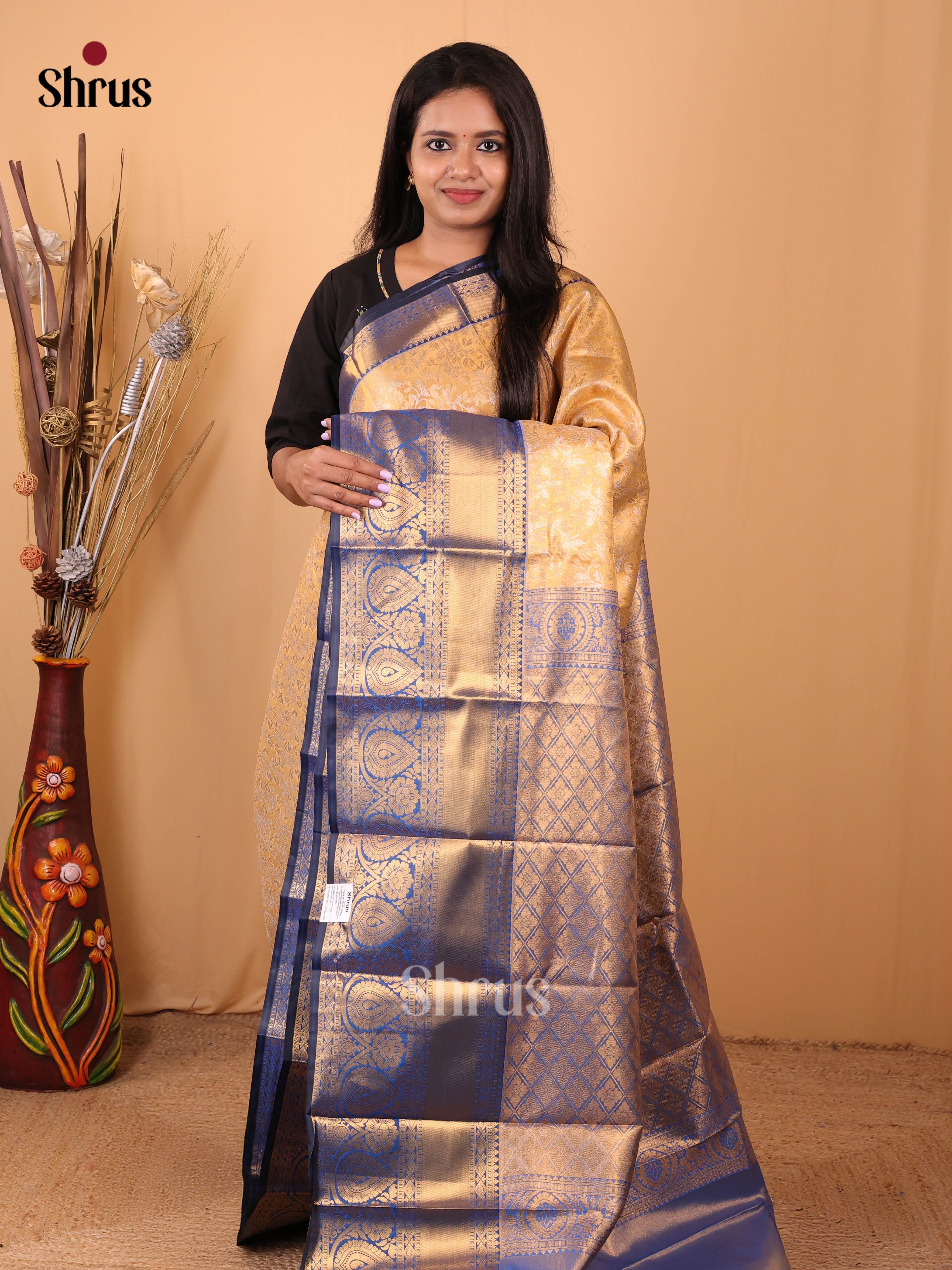 Mustard & Blue- Kanchipuram-halfpure Saree - Shop on Shrus.com