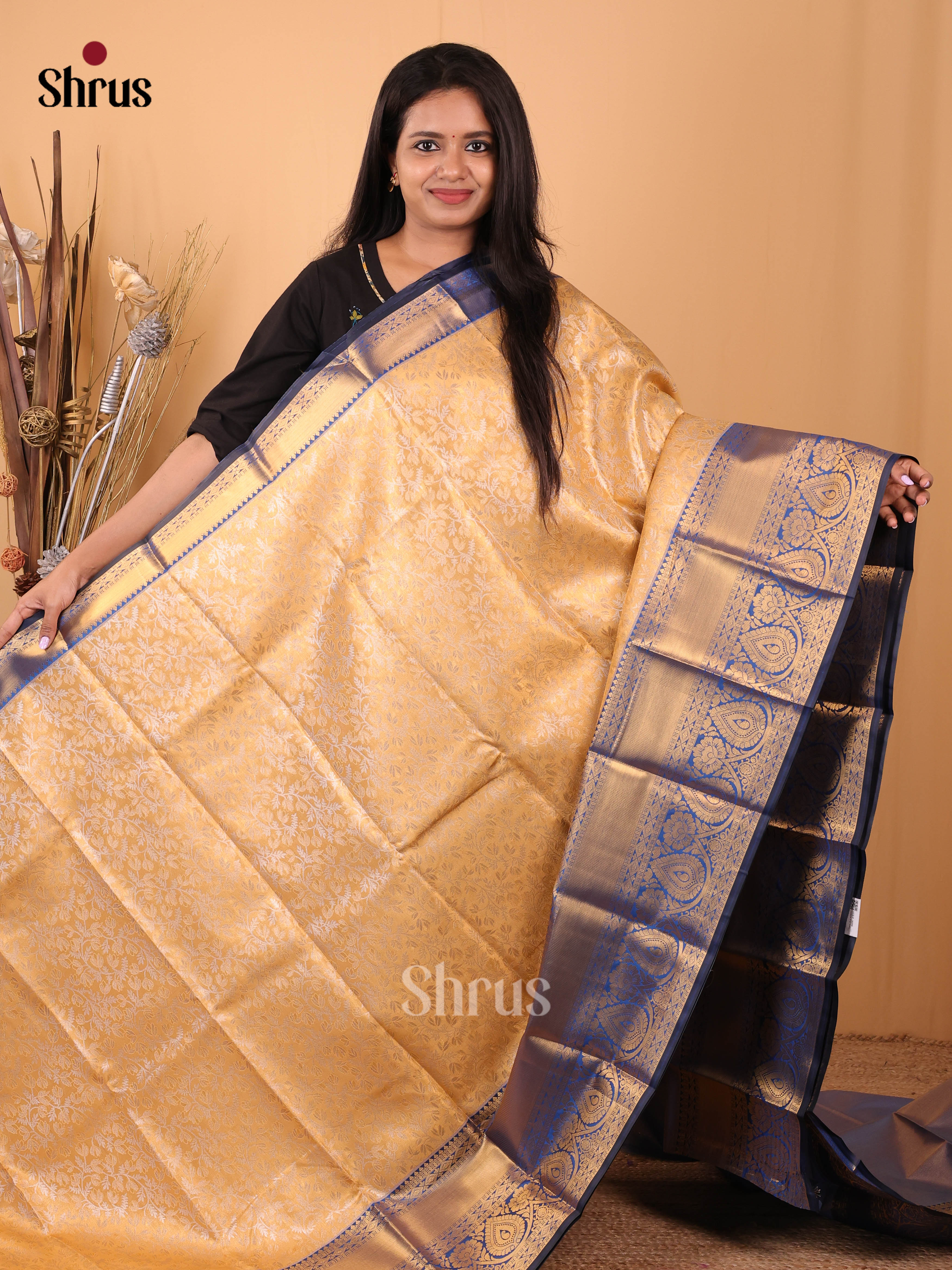 Mustard & Blue- Kanchipuram-halfpure Saree - Shop on Shrus.com