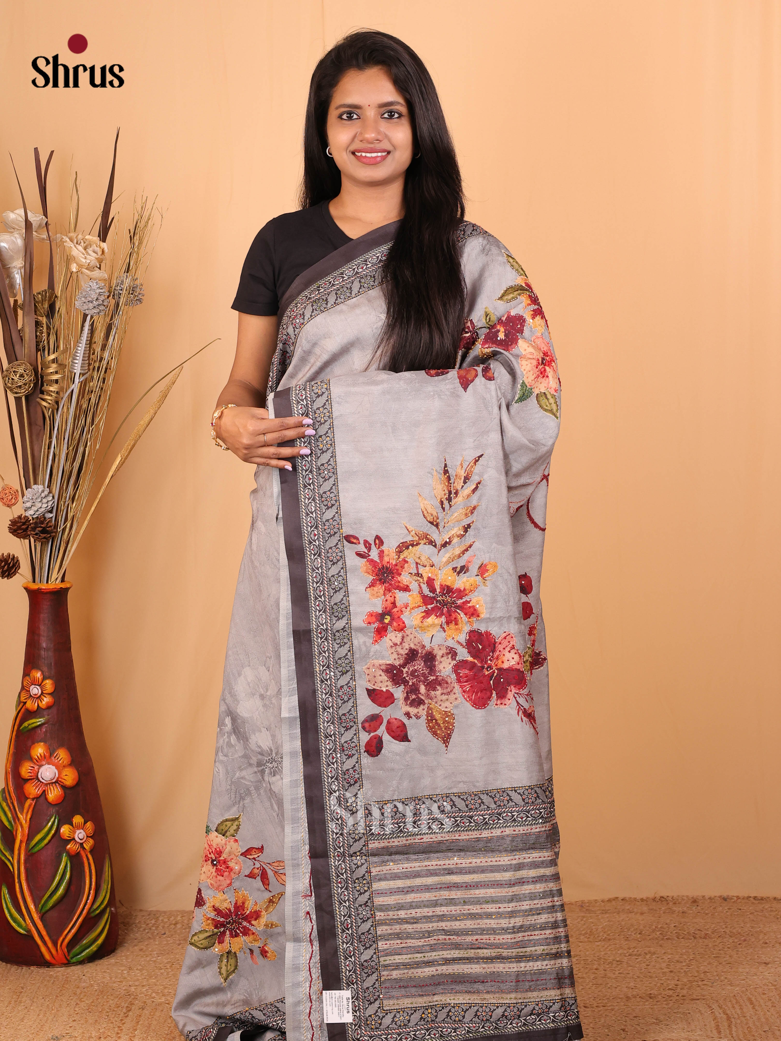 Grey - Semi Kantha Saree - Shop on Shrus.com