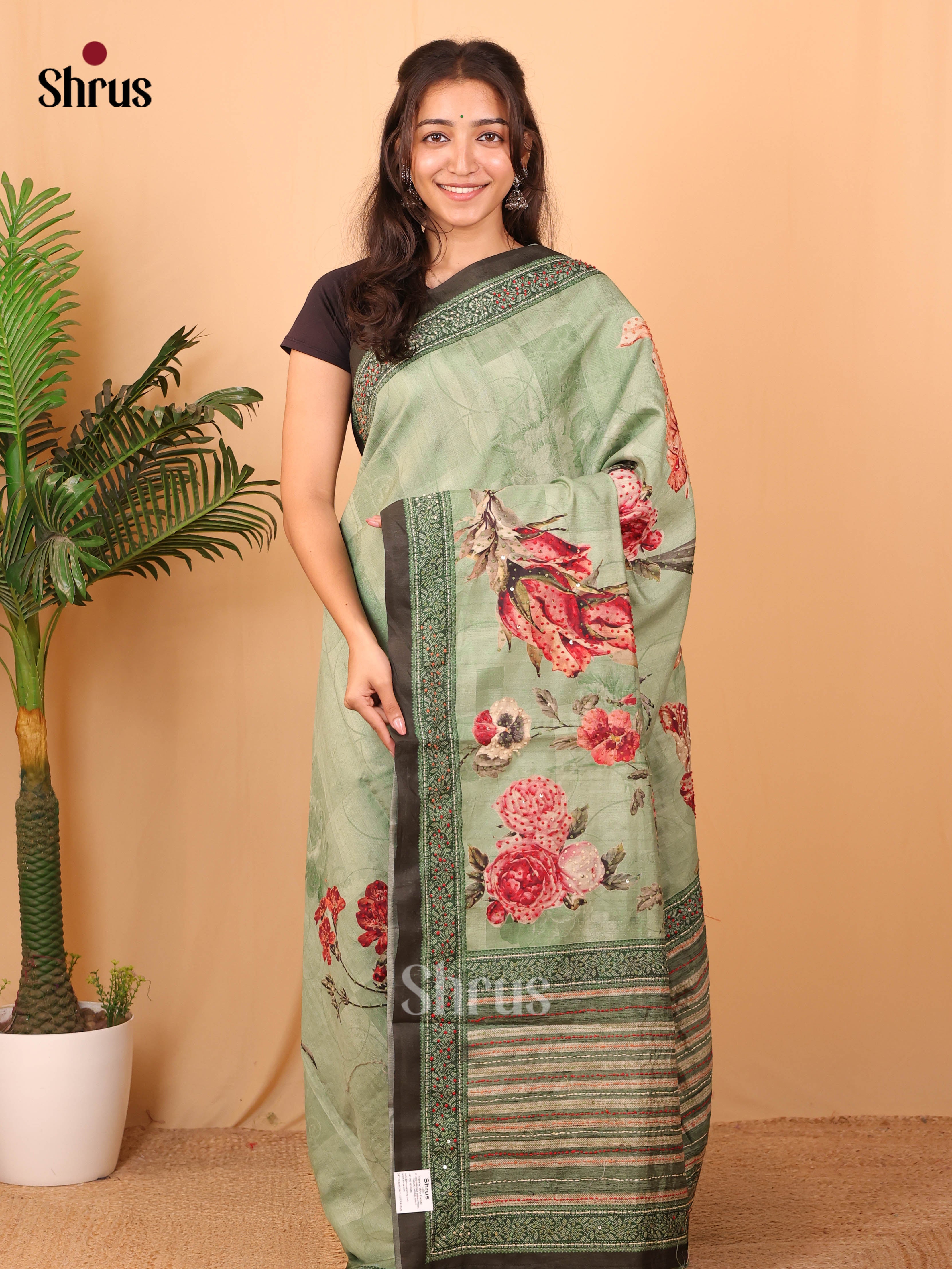 Green - Semi Kantha Saree - Shop on Shrus.com