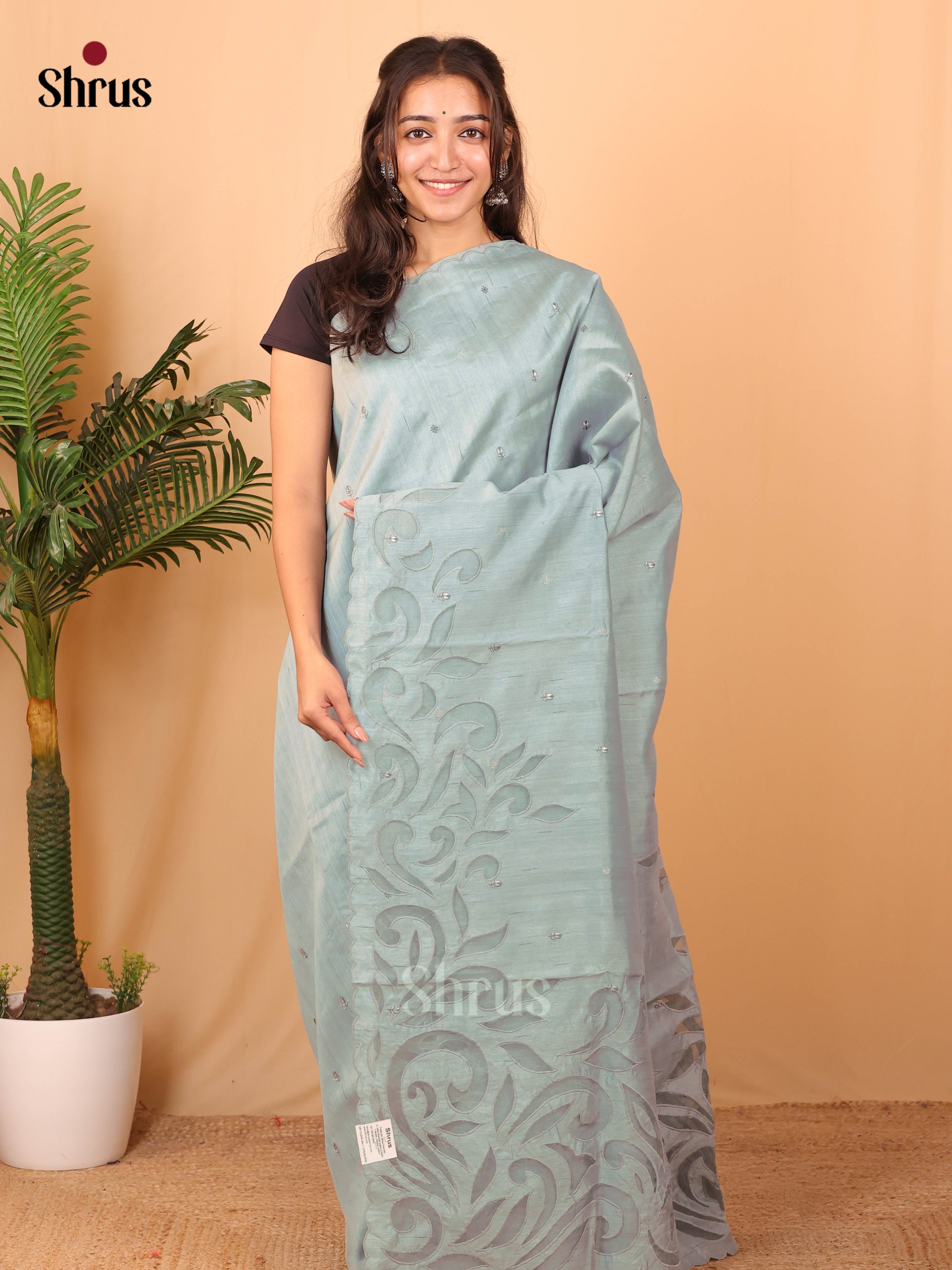 Grey- Semi Kantha Saree - Shop on Shrus.com