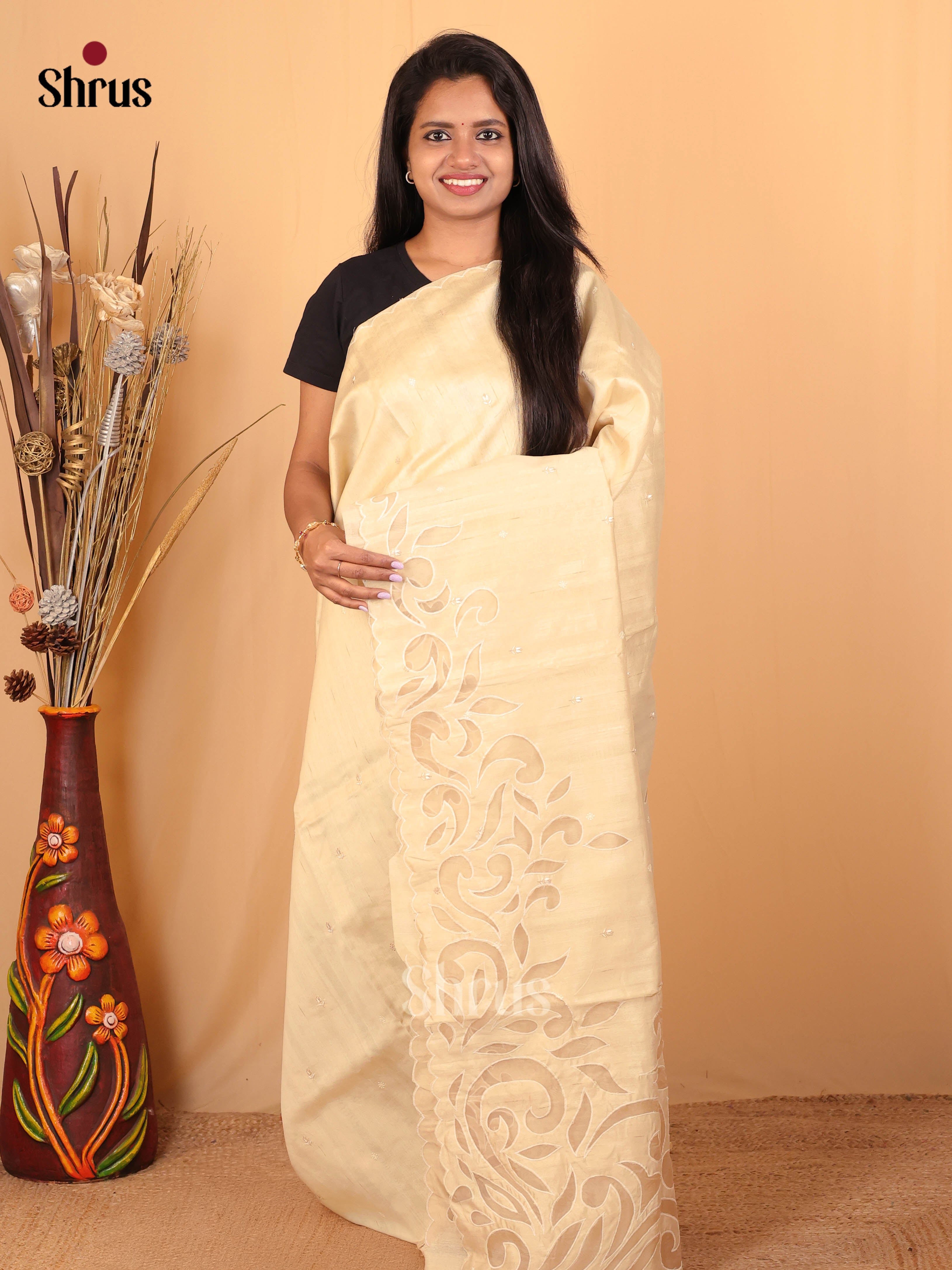 Cream- Semi Kantha Saree - Shop on Shrus.com
