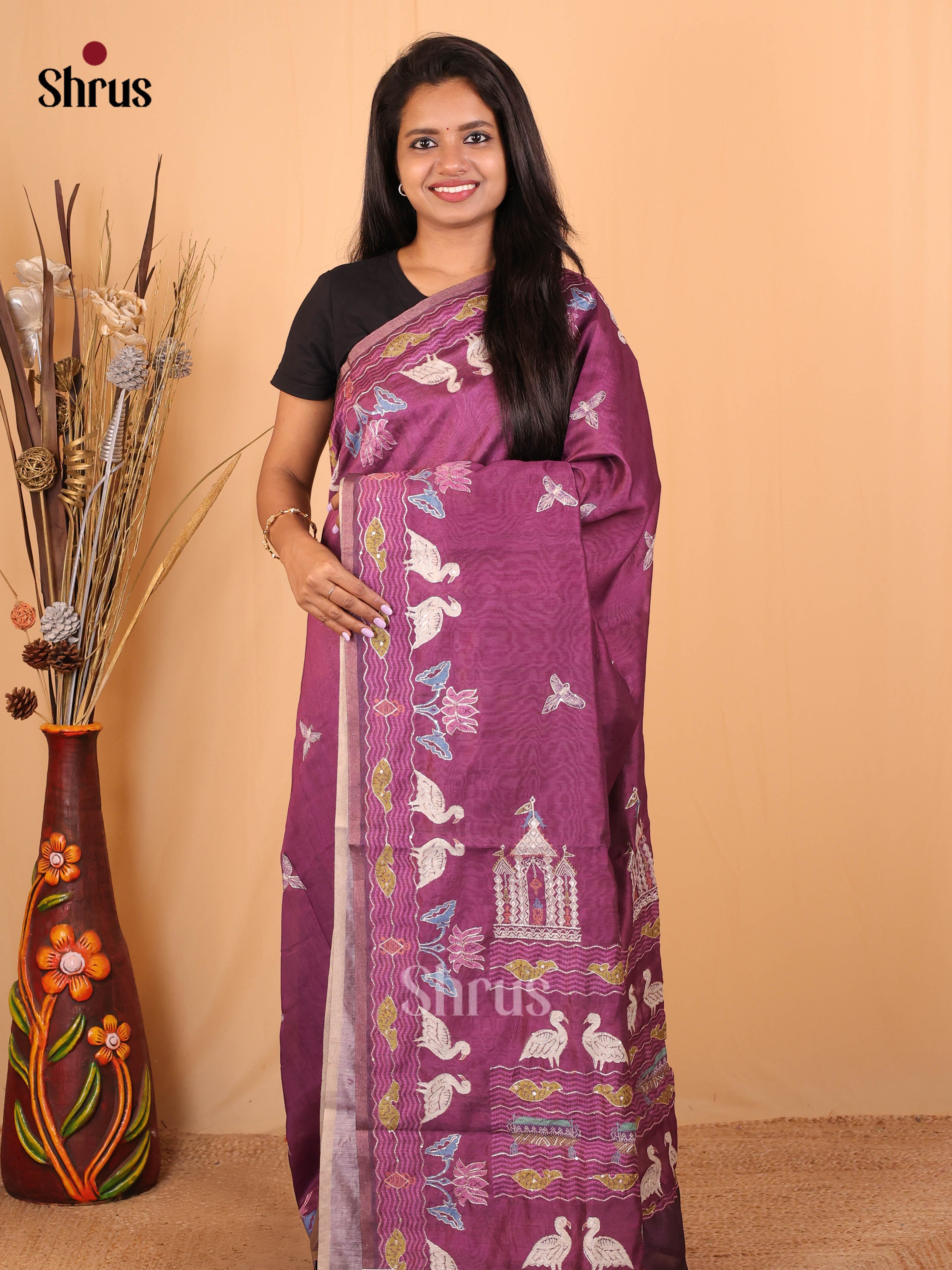 Purple - Semi Kantha Saree - Shop on Shrus.com