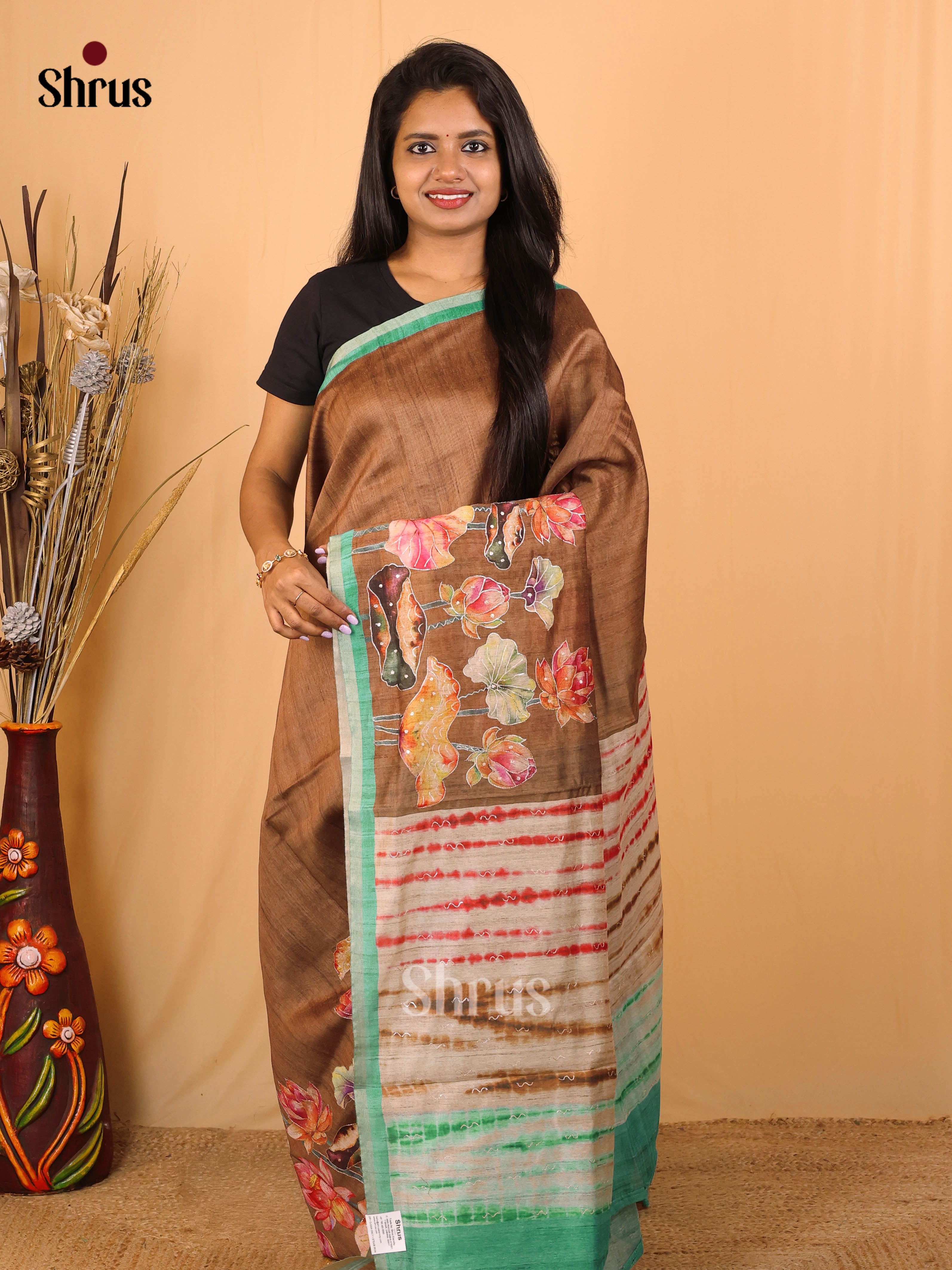 Brown & Green- Semi Kantha Saree - Shop on Shrus.com