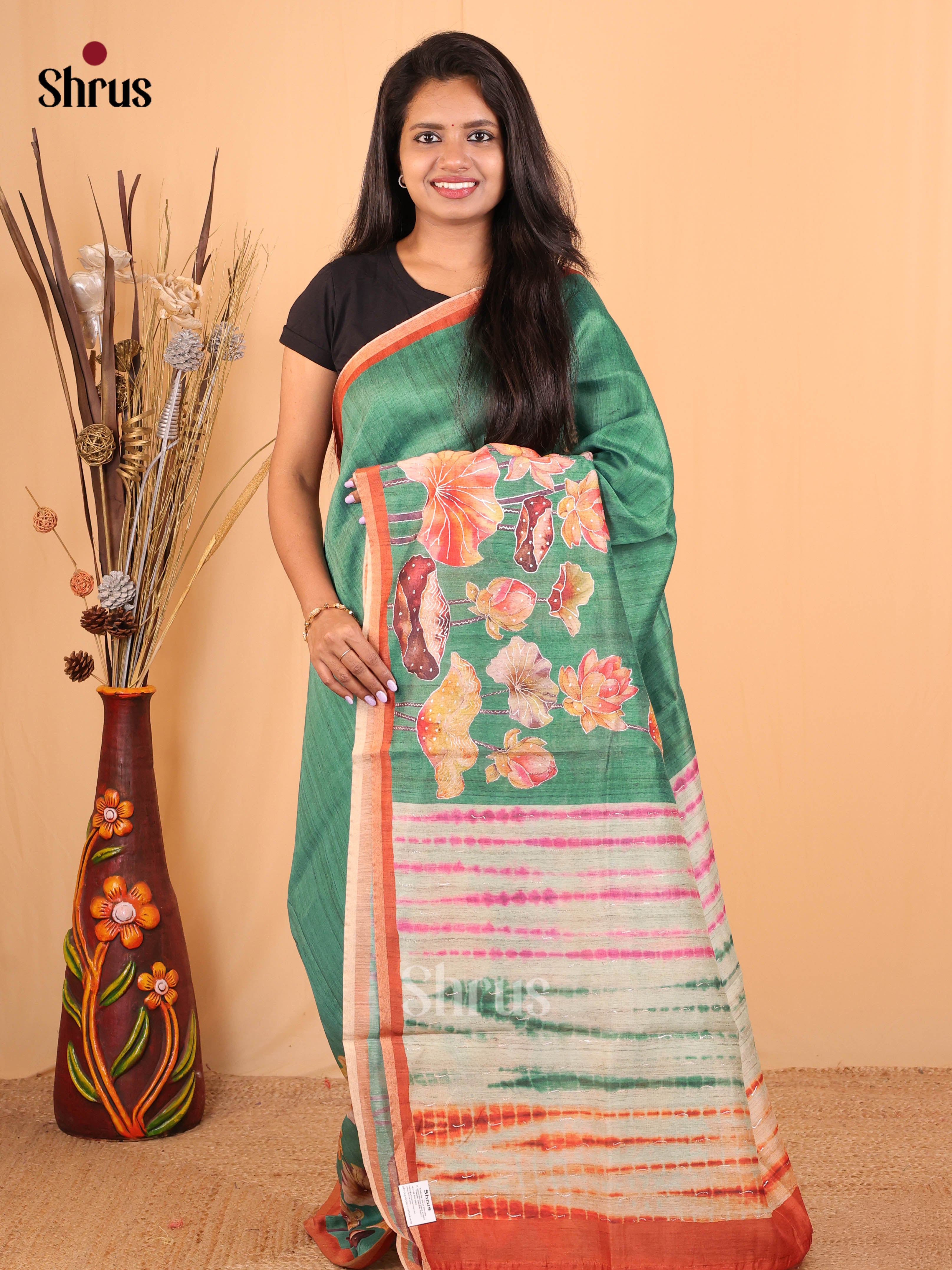 Green & Orange - Semi Kantha Saree - Shop on Shrus.com