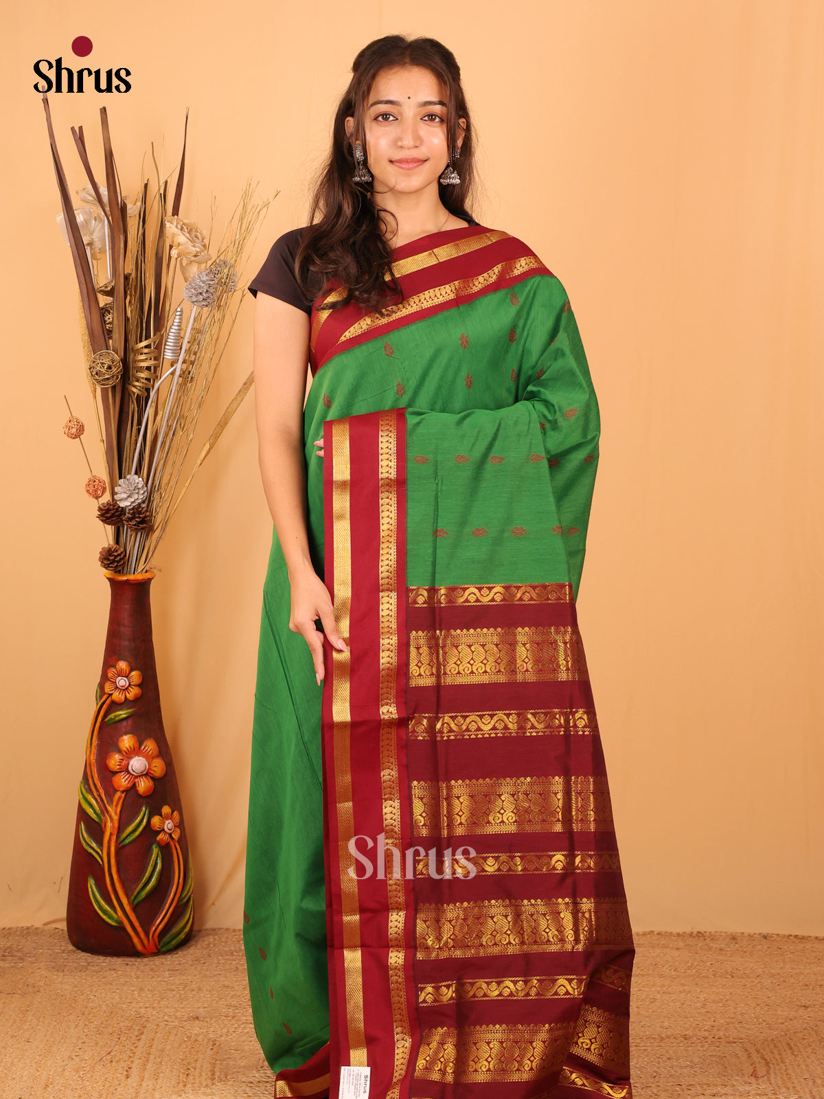 Green & Maroon- Kalyani Cotton Saree - Shop on Shrus.com