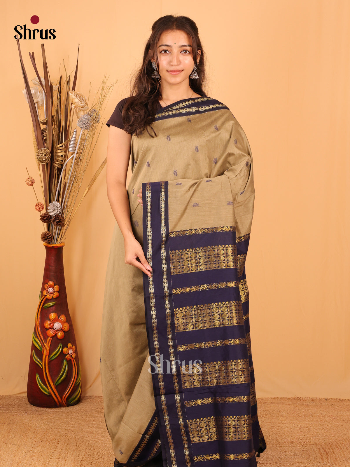 Beige & Blue - Kalyani Cotton Saree - Shop on Shrus.com