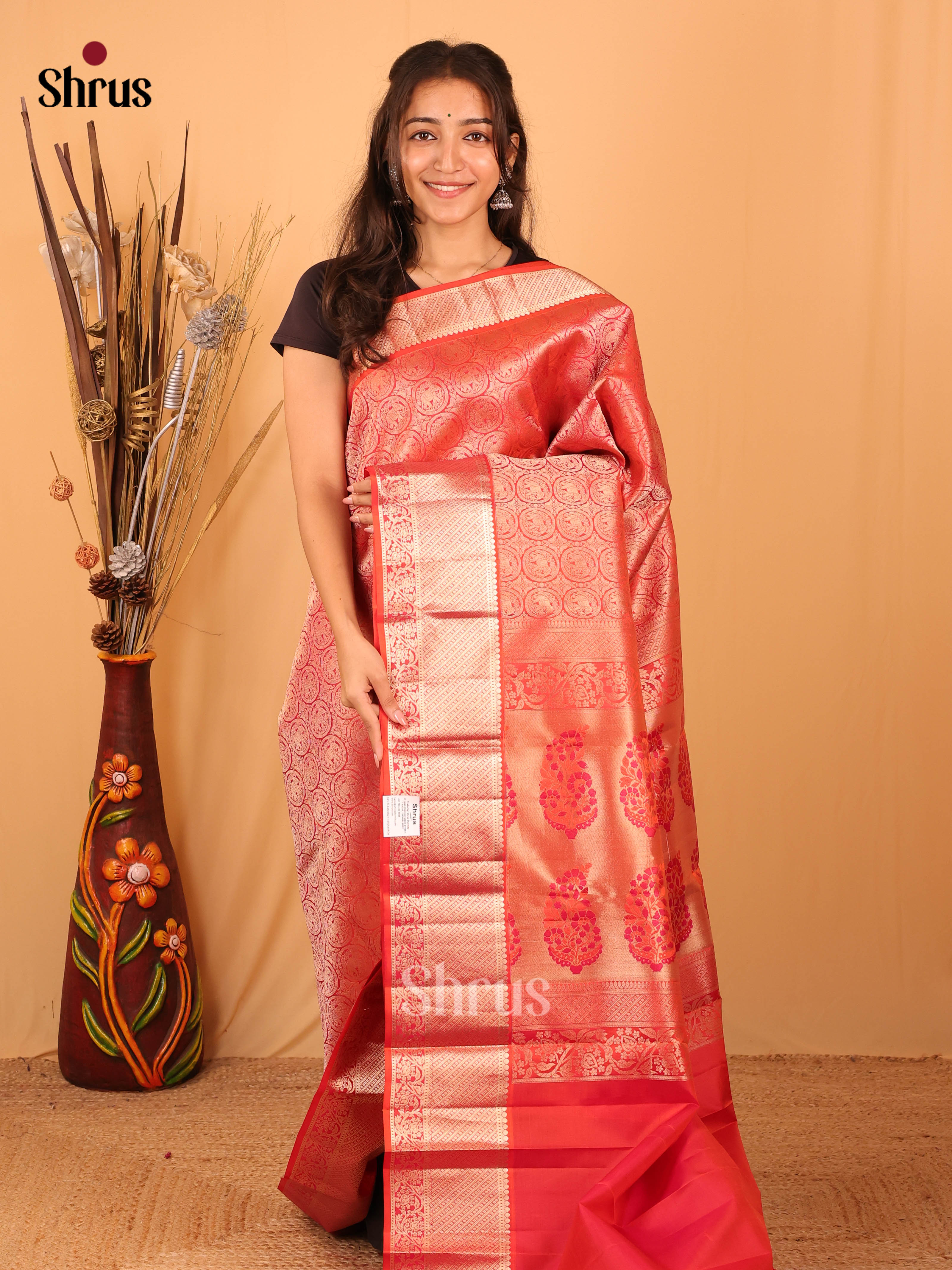 Light Orange Kanchipuram silk Saree With Zari Woven Foral Brocade Design-1
