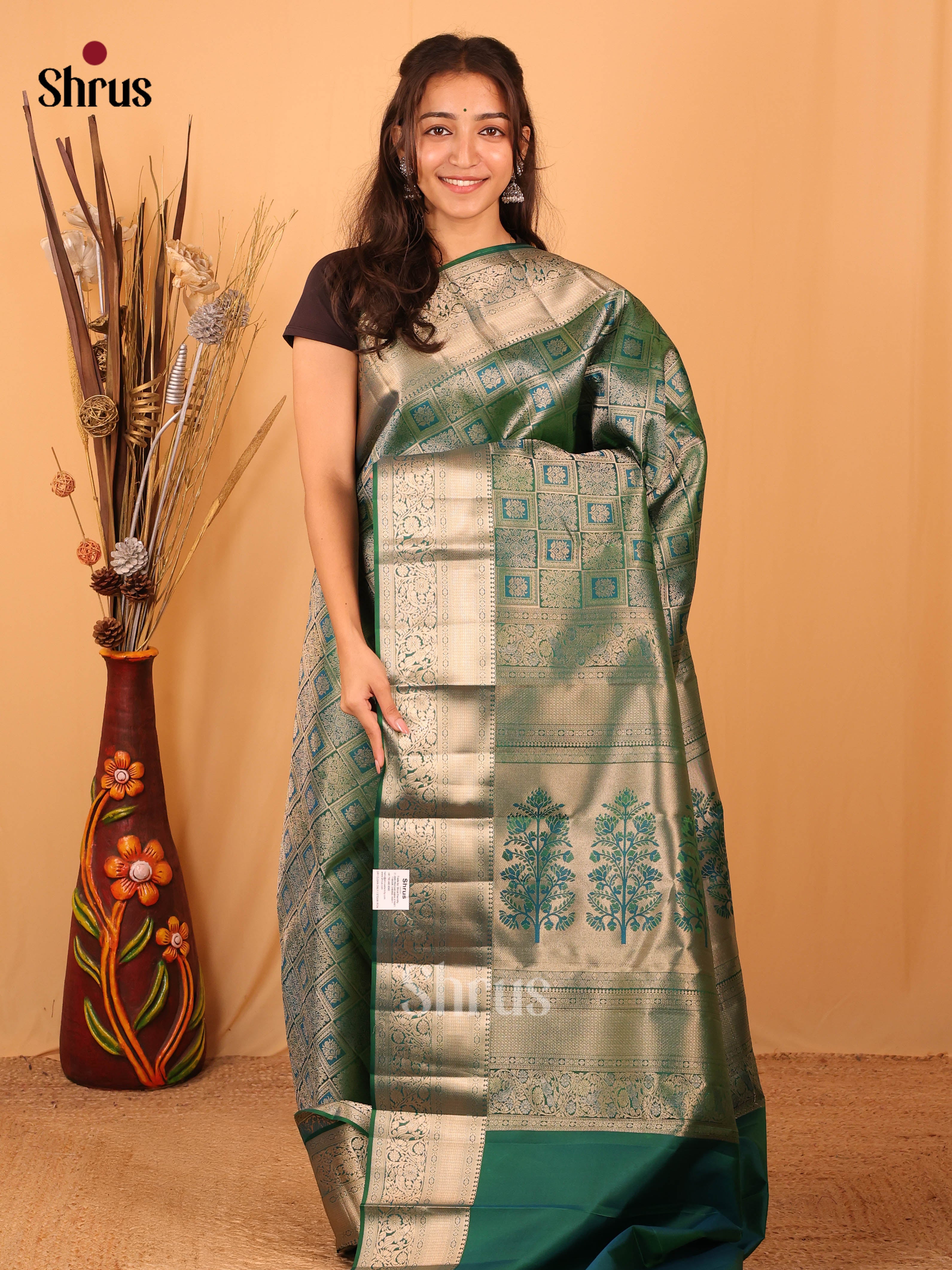 Green(Single Tone) - Kanchipuram silk Saree - Shop on Shrus.com