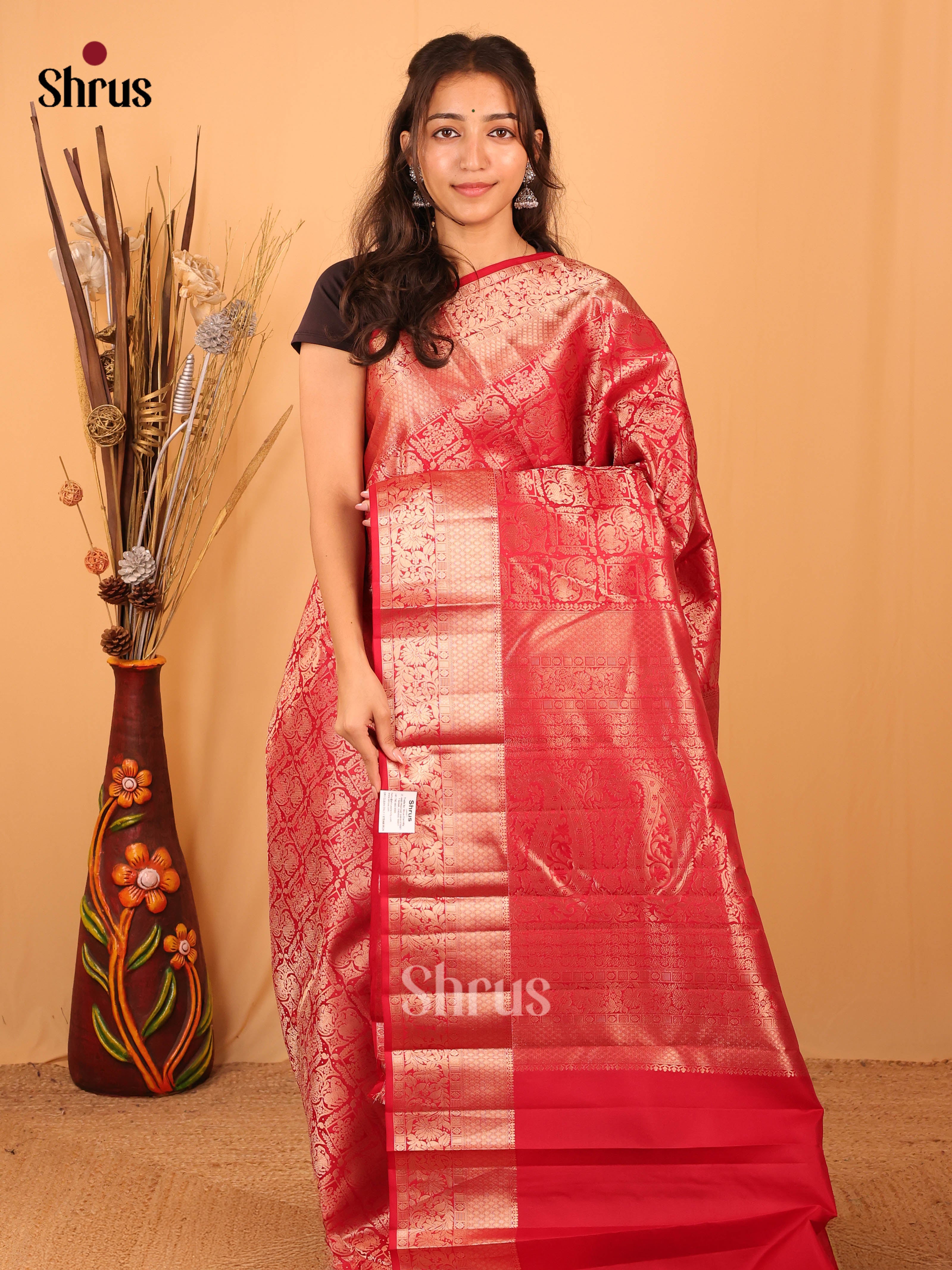 Red Kanchipuram silk Saree With Zari Woven Floral Brocade Design-1