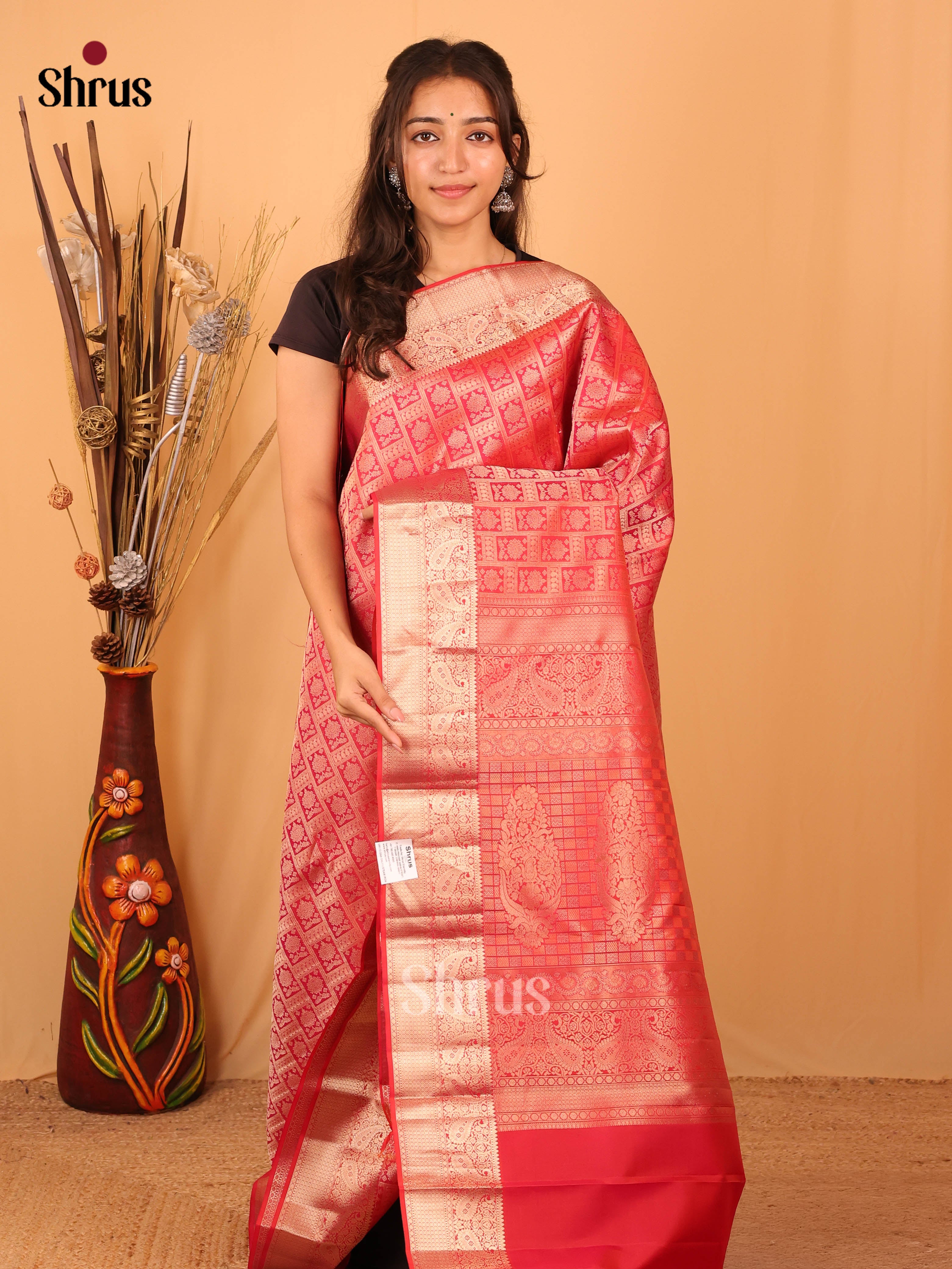 Red(Single tone)- Kanchipuram silk Saree - Shop on Shrus.com