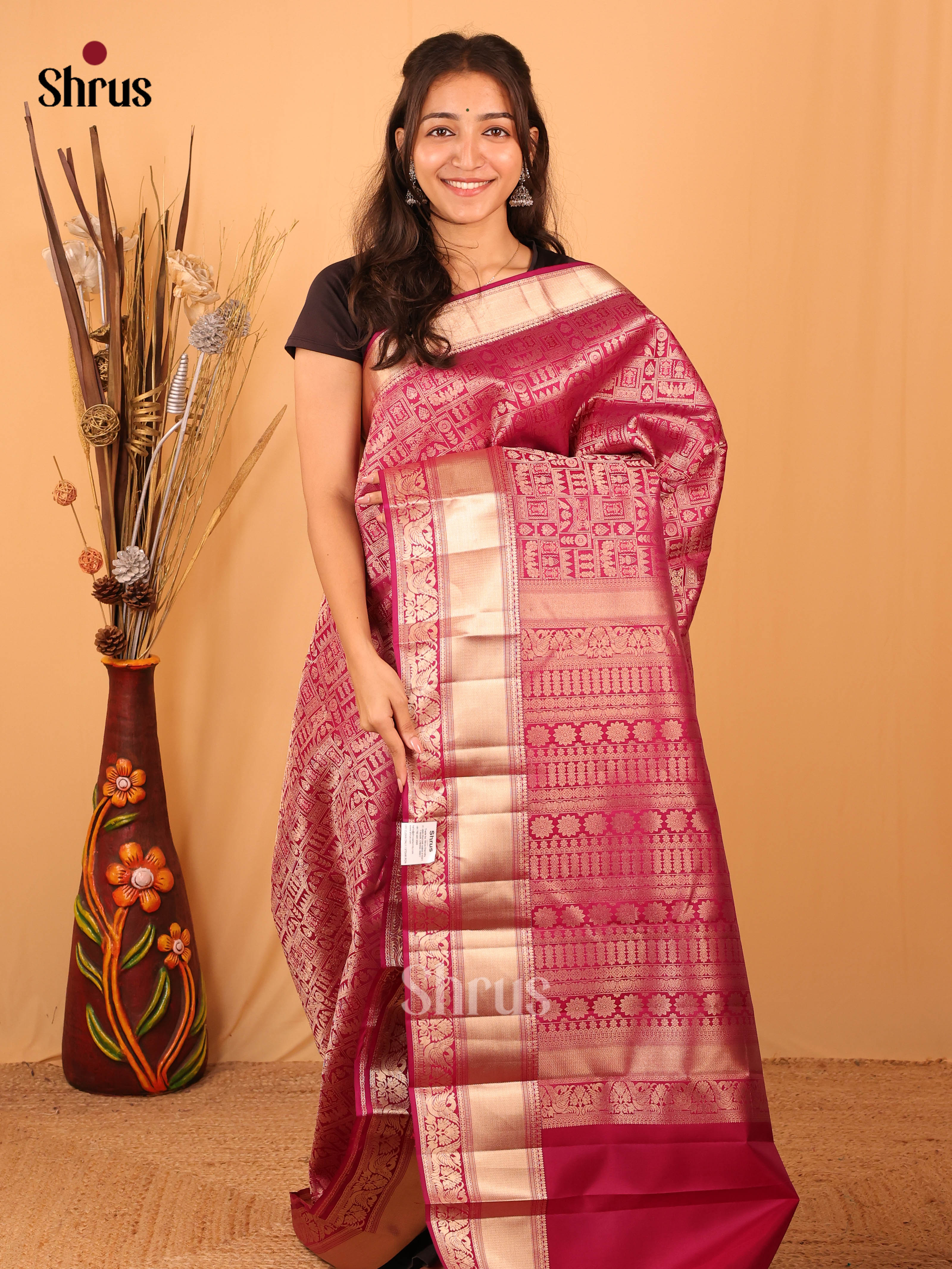 Maroon Pink - Kanchipuram silk Saree - Shop on Shrus.com