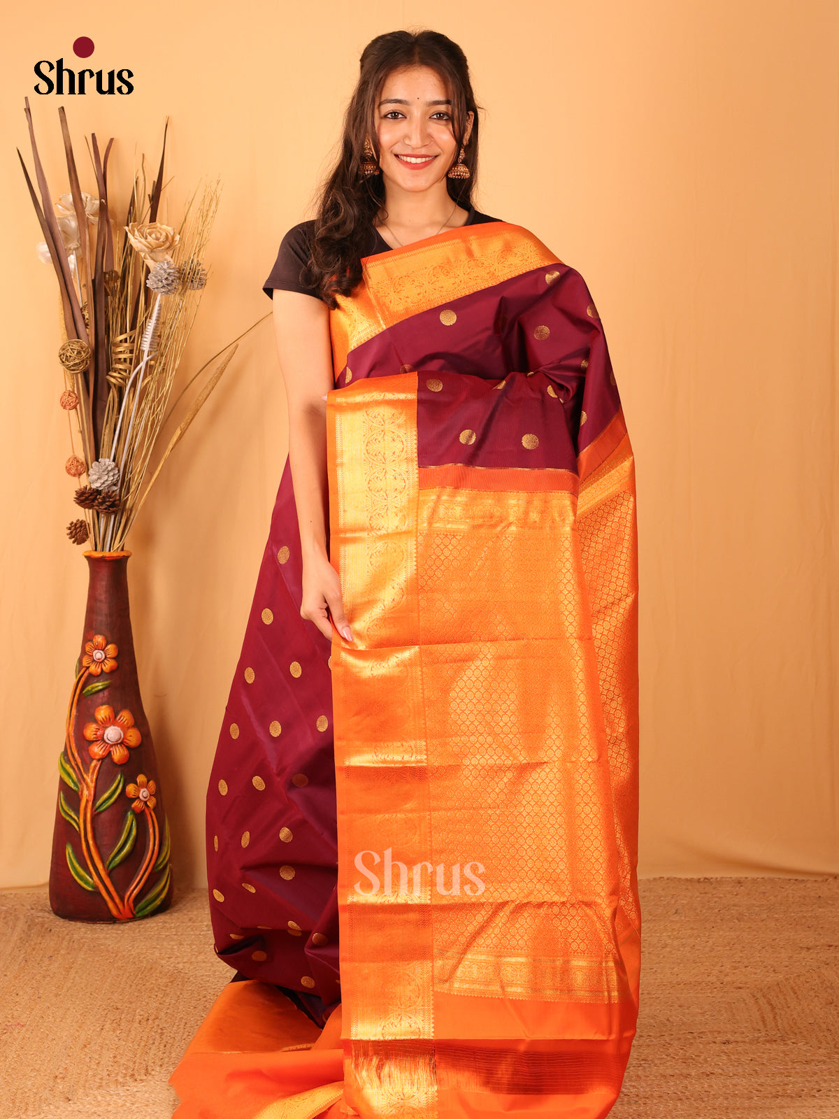 Maroon & Orange - Kanchipuram silk Saree - Shop on Shrus.com