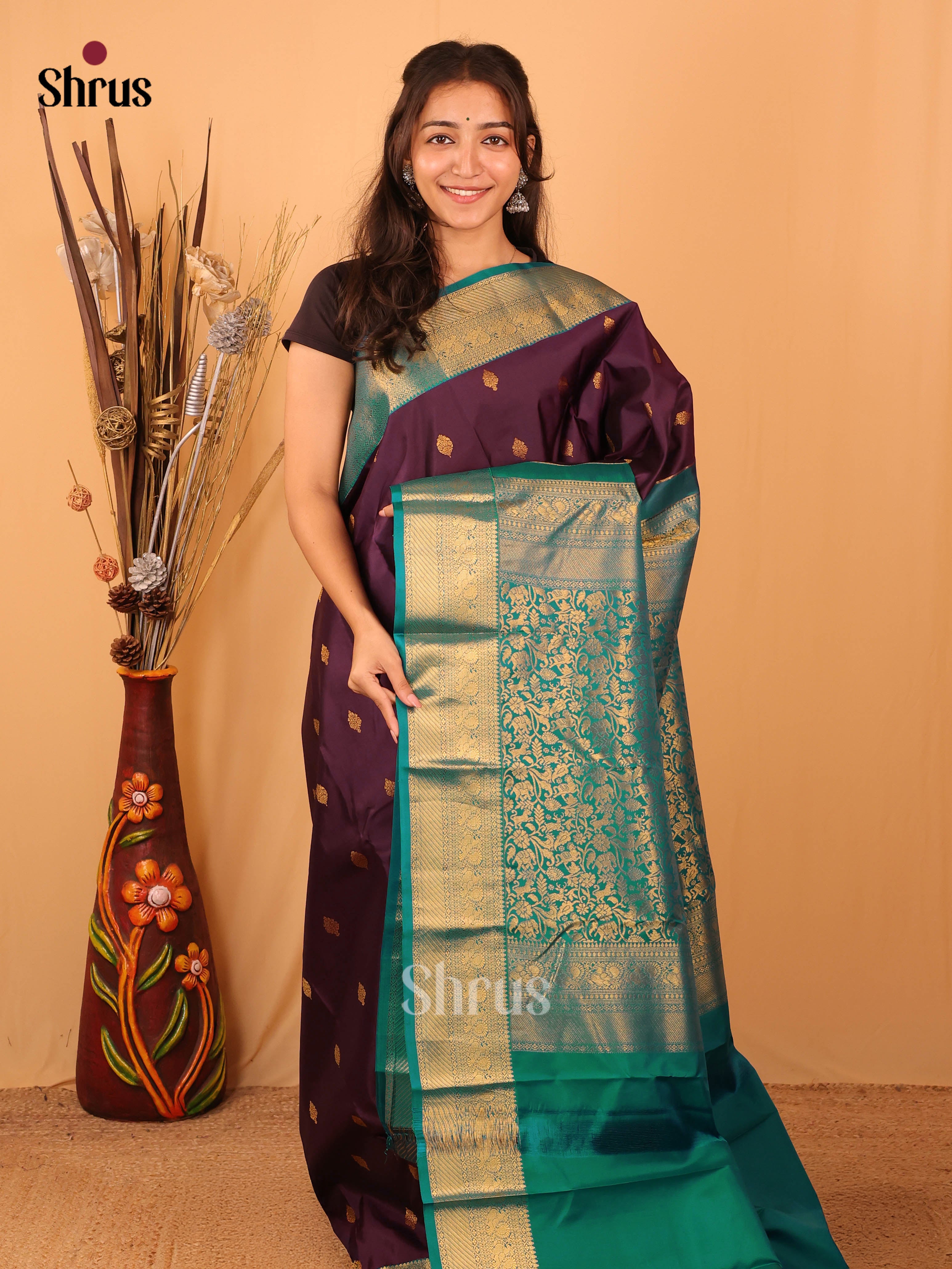 Purple & Green - Kanchipuram silk Saree - Shop on Shrus.com
