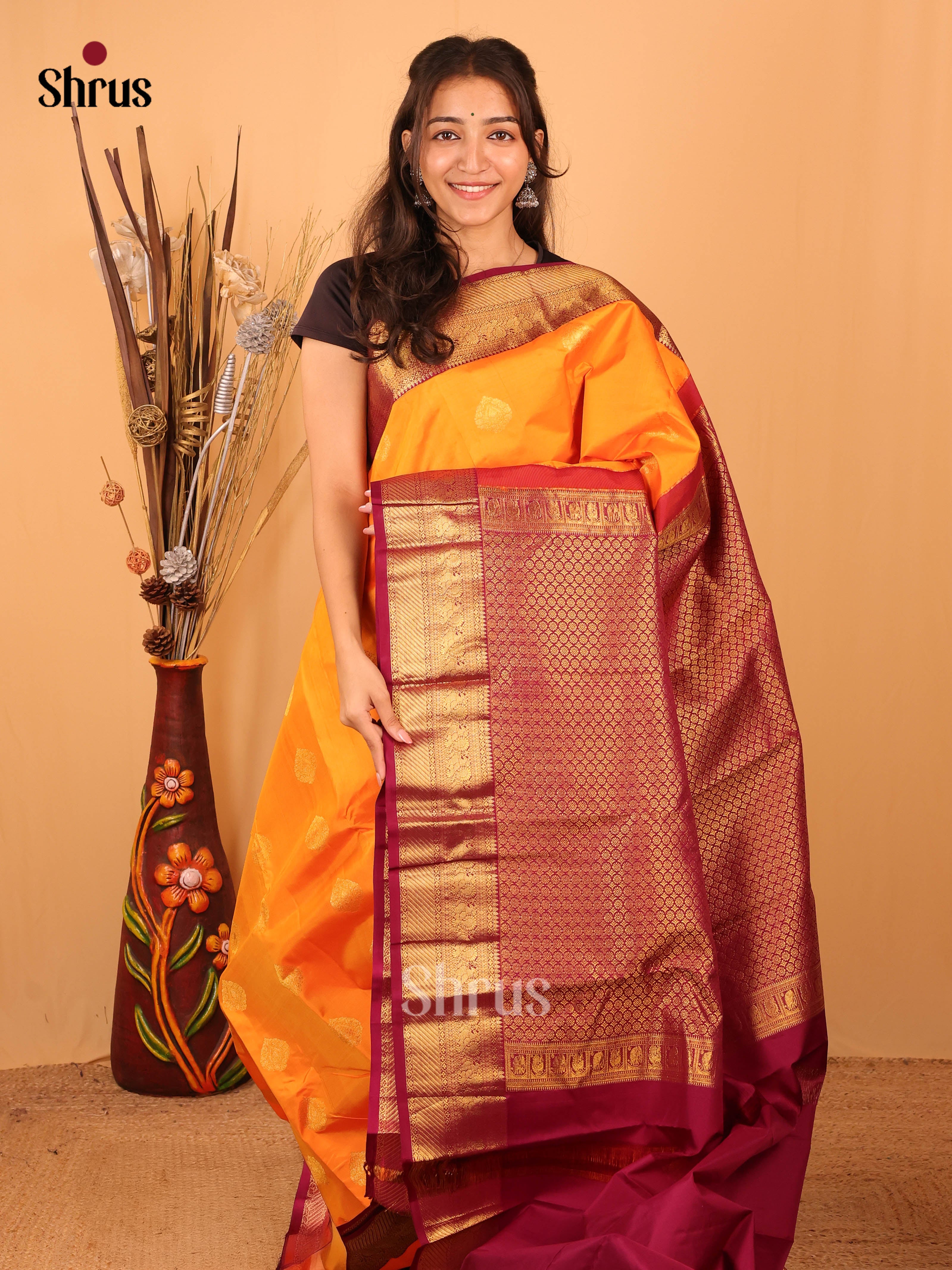 Orange & Maroon - Kanchipuram silk Saree - Shop on Shrus.com