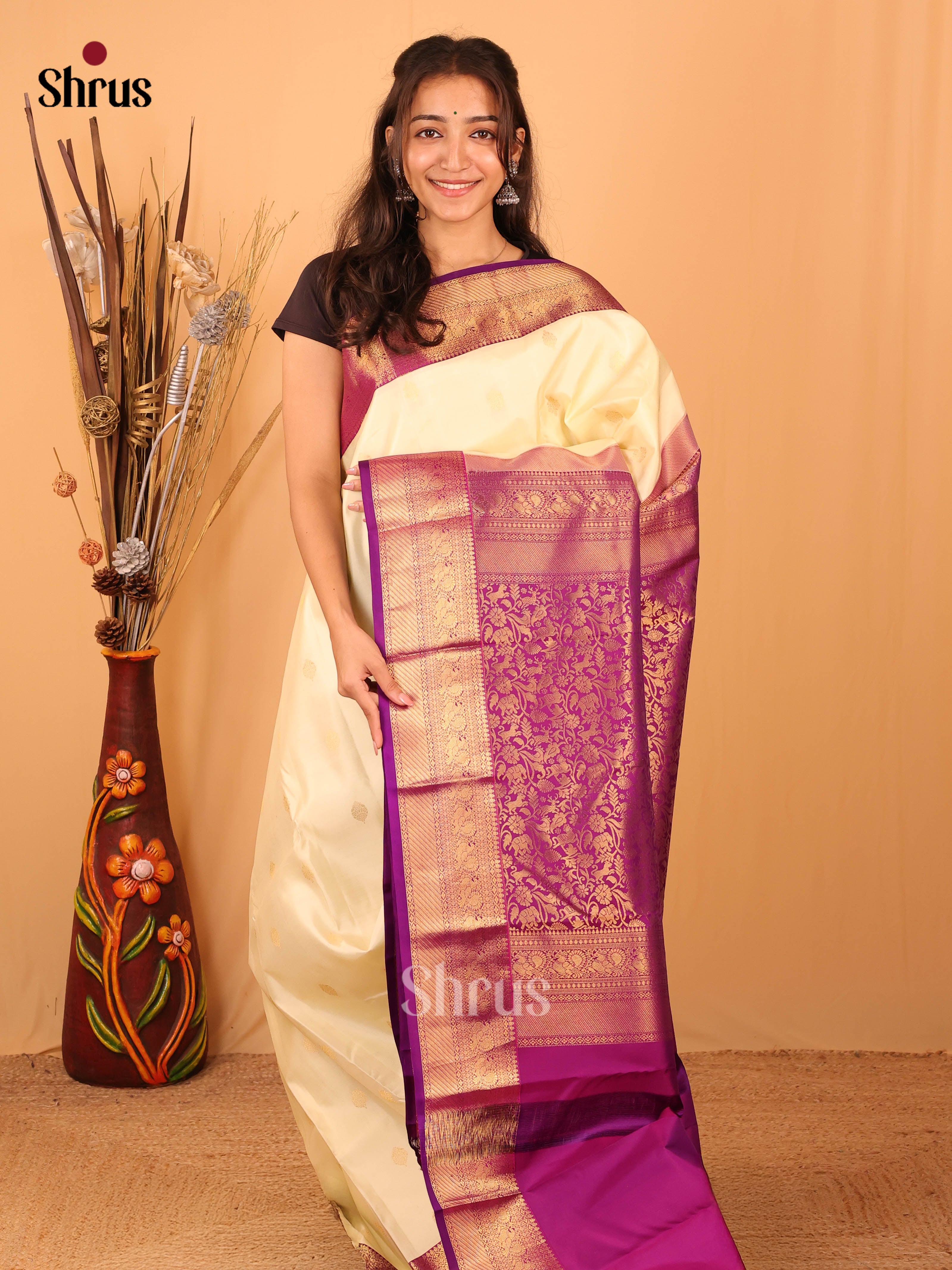 Cream and Purple Kanchipuram silk Saree With Zari Woven Floral Buttas - Shop on Shrus.com