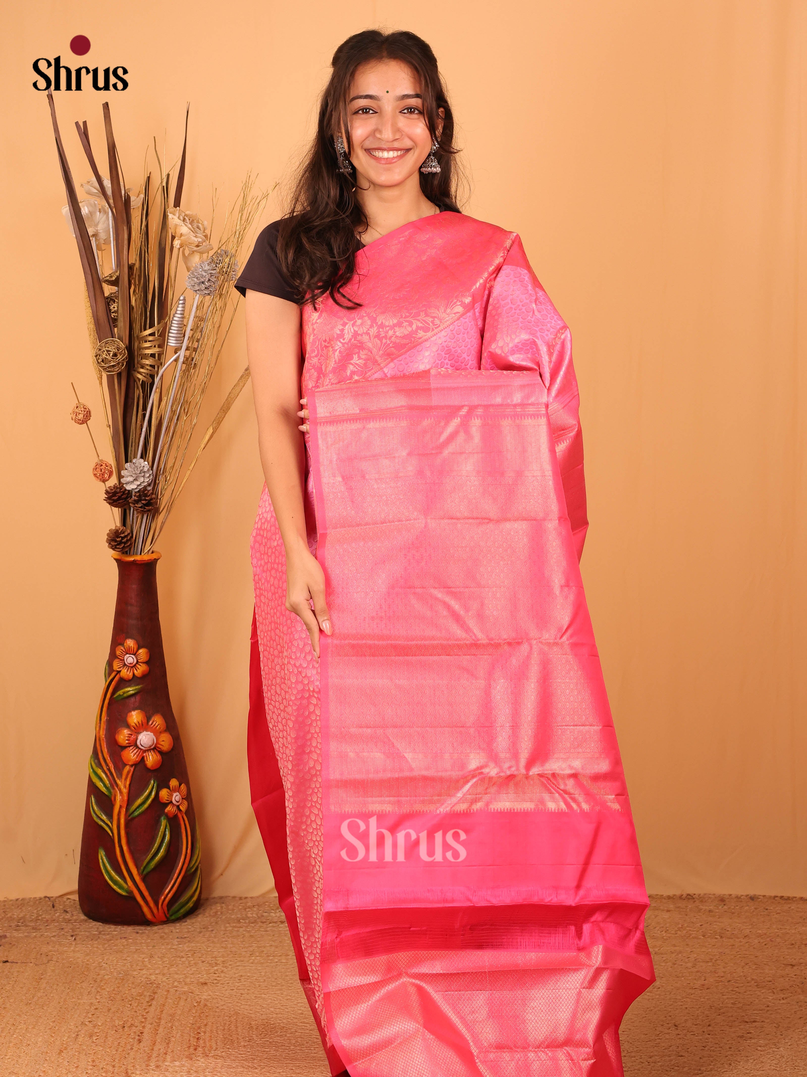 Rose Pink and Pink Kanchipuram silk Saree With Zari Woven Floral Brocade Design-1