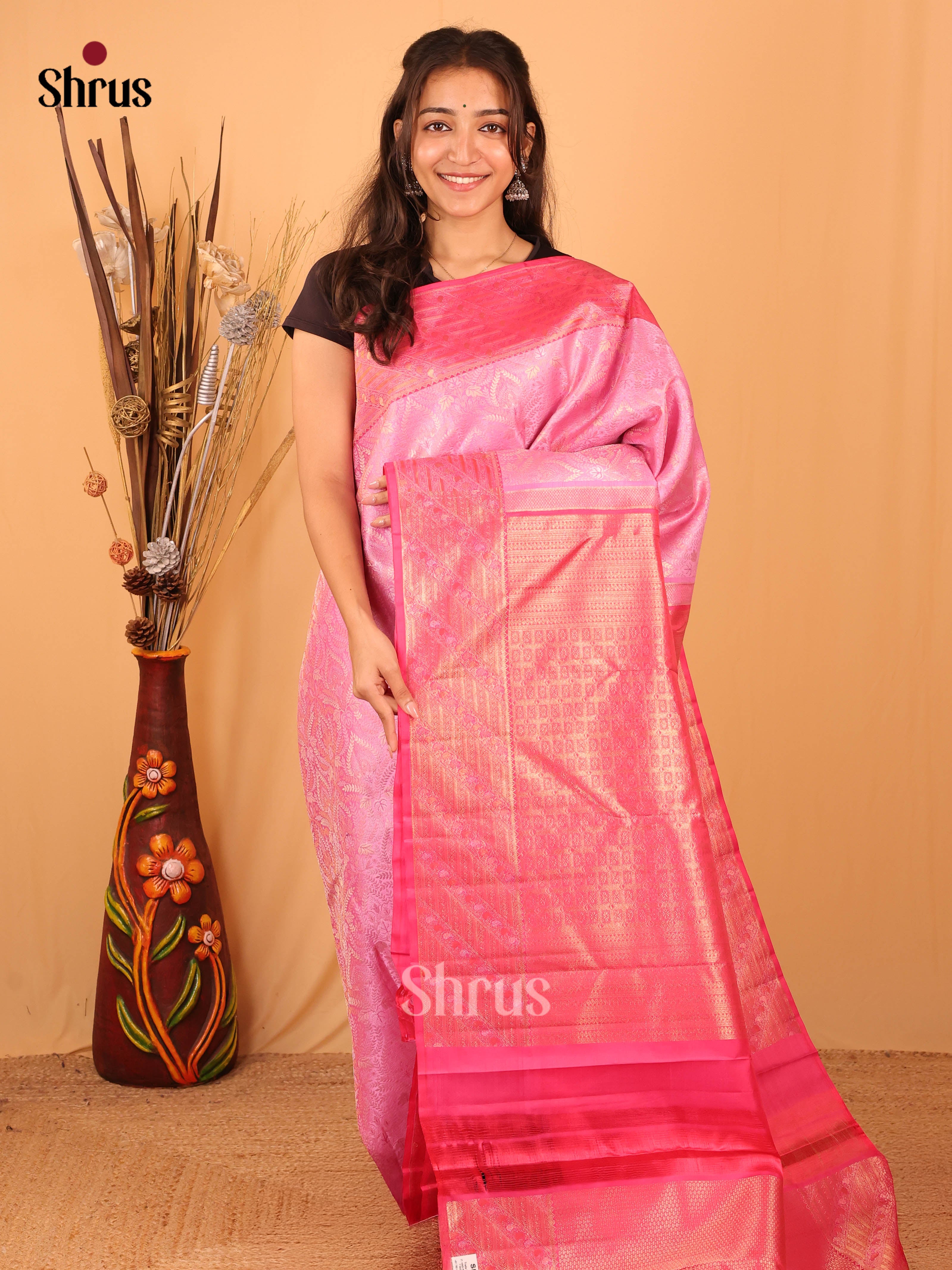 Rose Pink and Pink Kanchipuram silk Saree With Zari Woven Floral Brocade Design-1