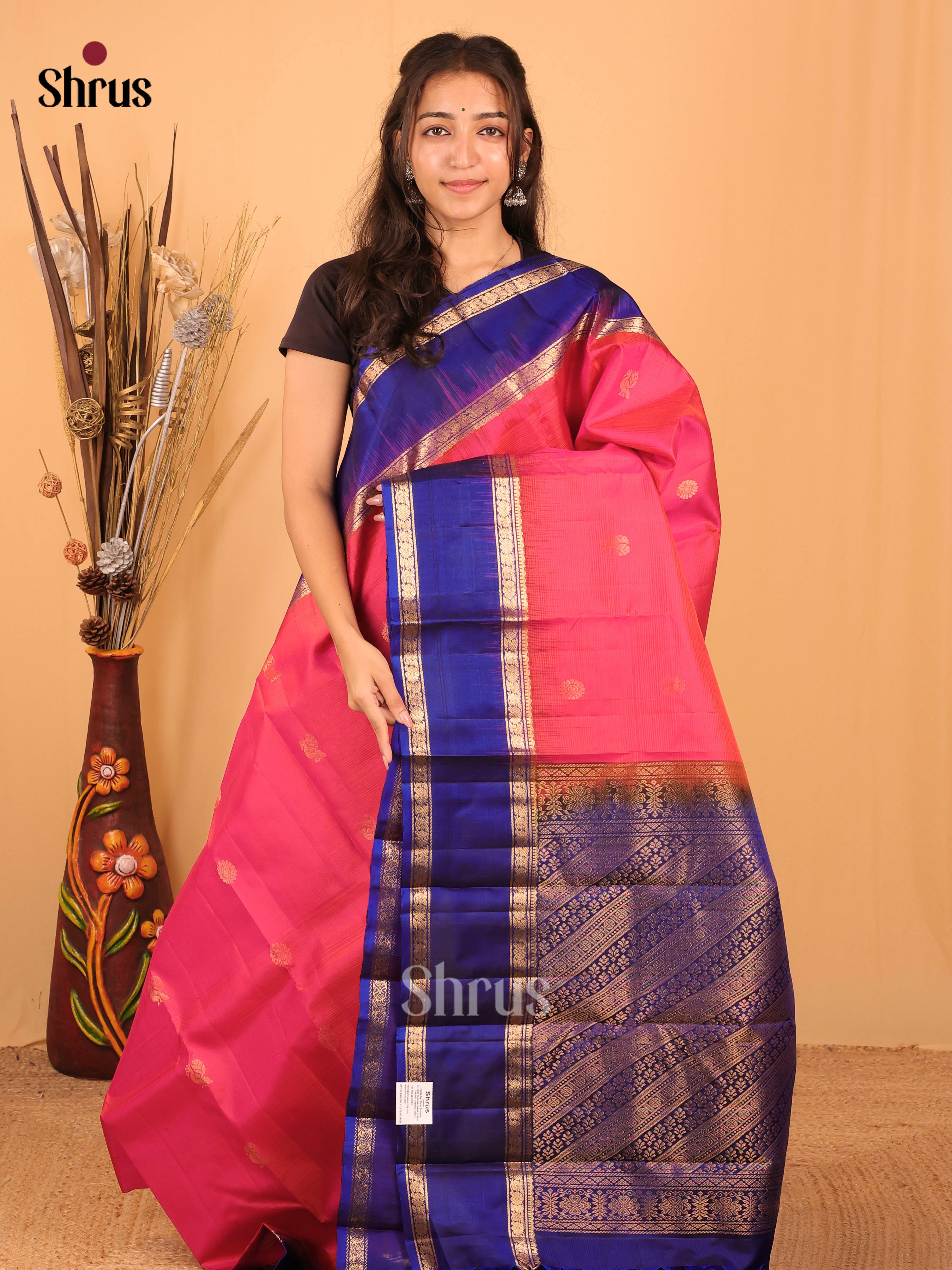 Pink & Blue - Kanchipuram silk Saree - Shop on Shrus.com