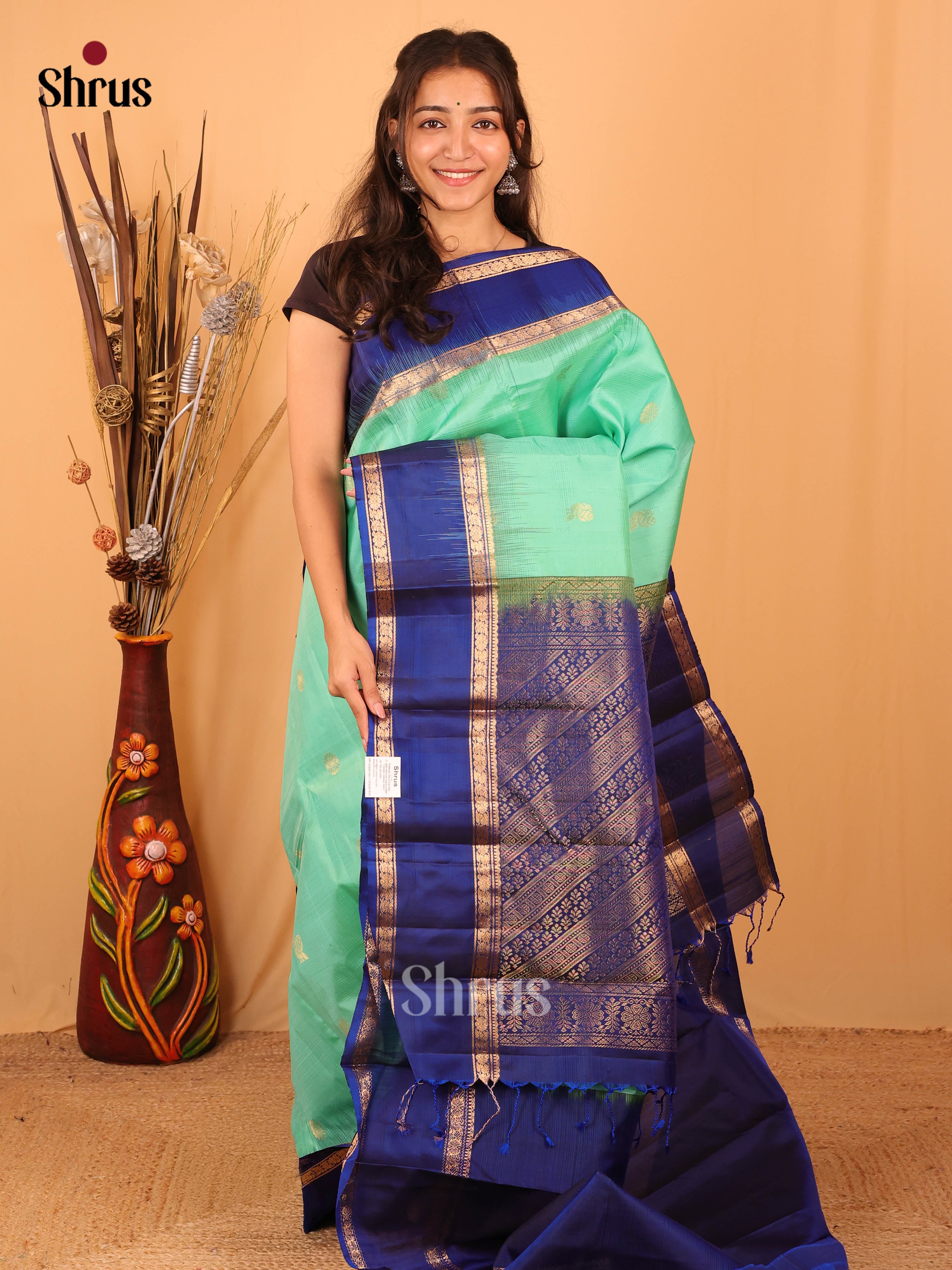 Teal Green & Blue - Kanchipuram silk Saree - Shop on Shrus.com