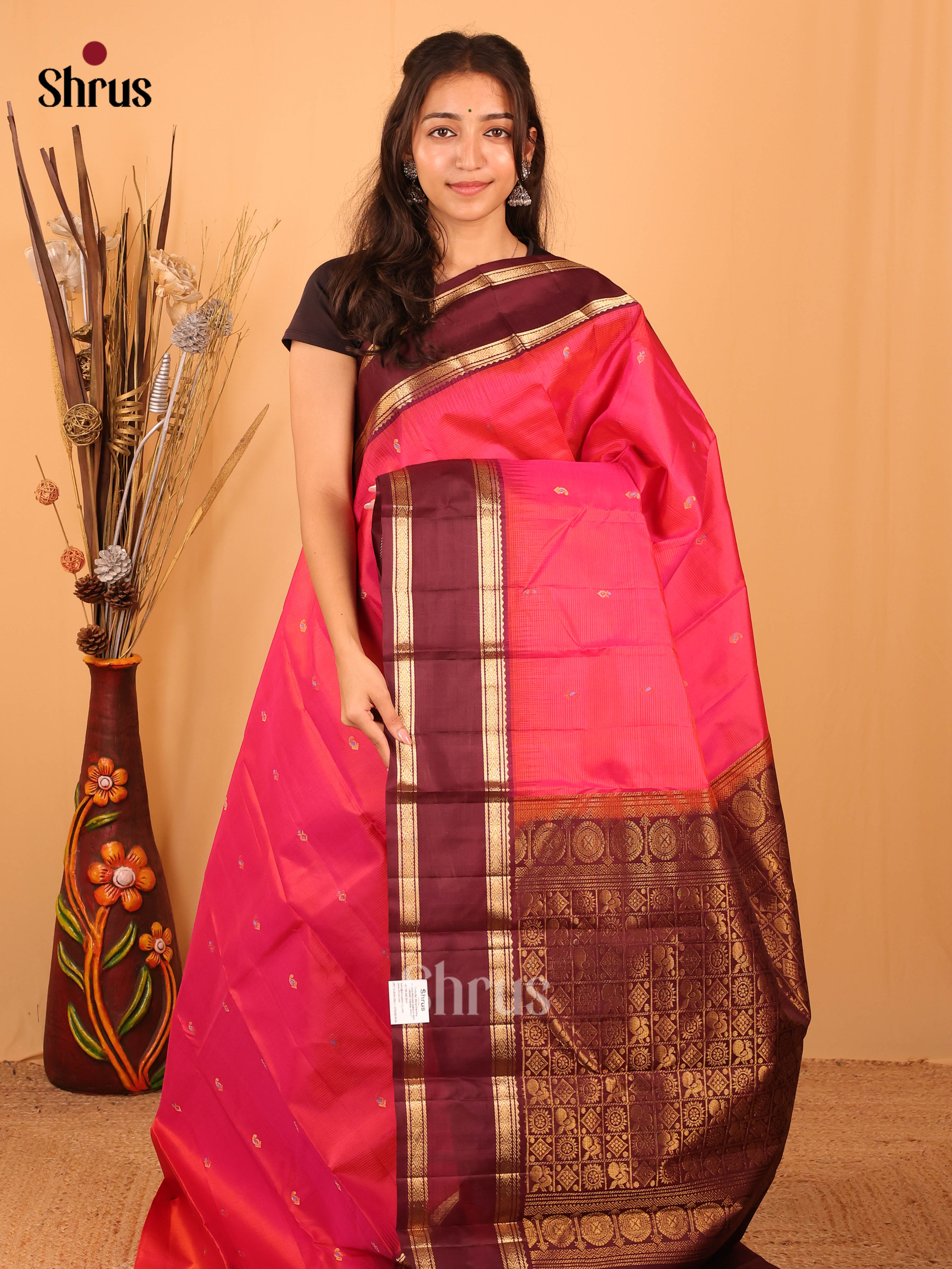 Pink and Maroon Kanchipuram silk Saree With Zari Woven Floral Buttas-1