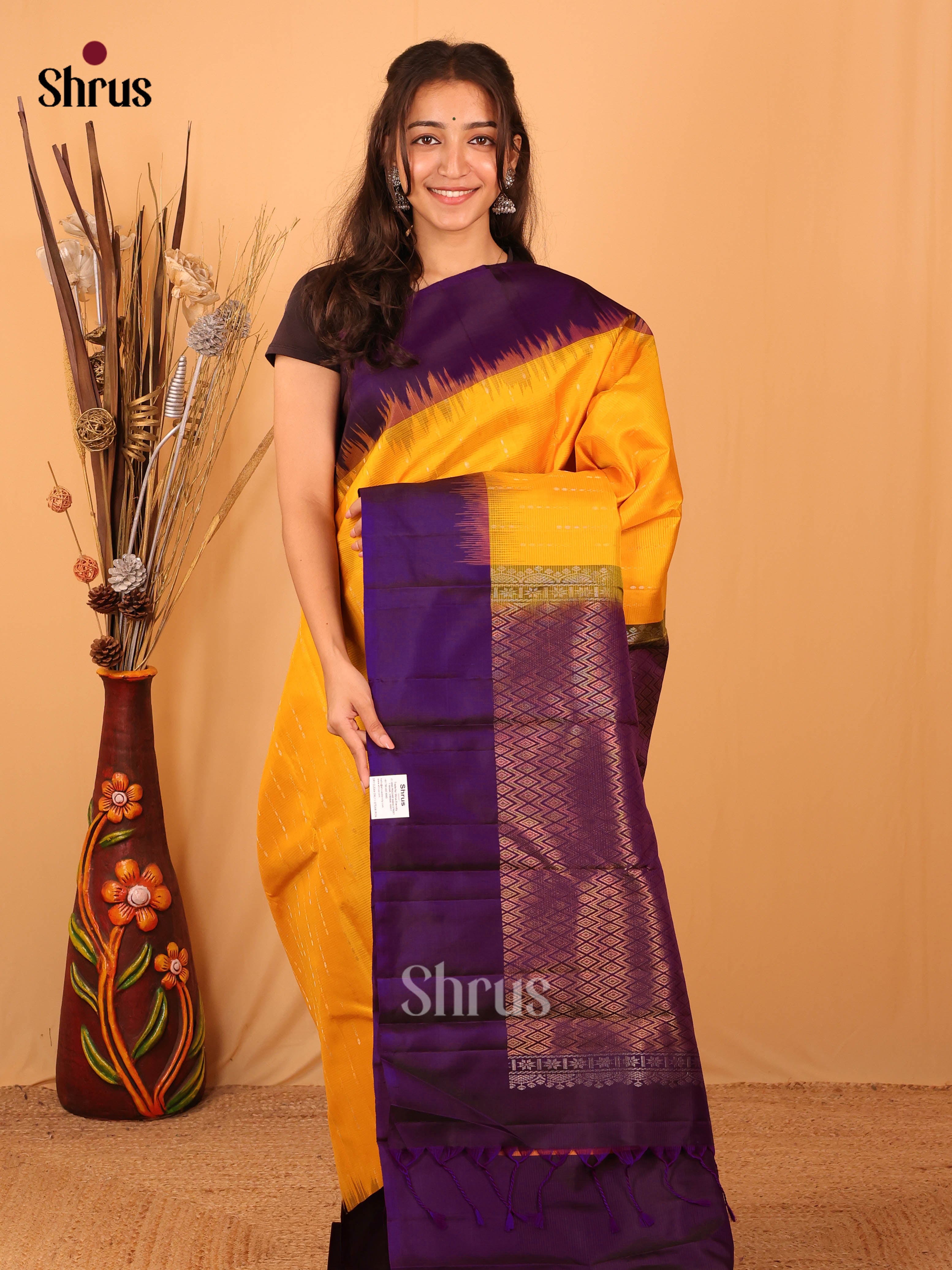 Mustard & Violet - Kanchipuram silk Saree - Shop on Shrus.com