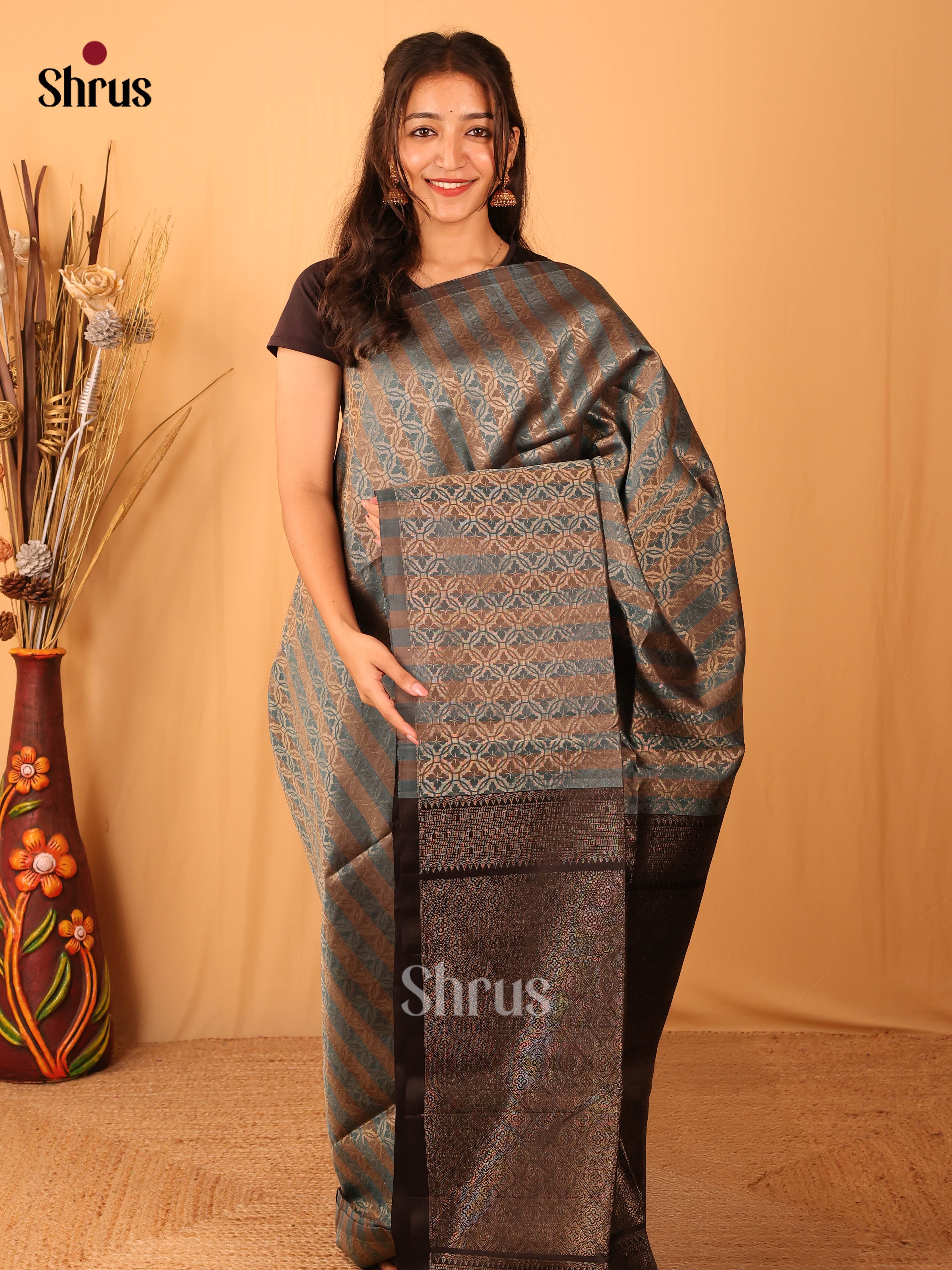 Beautiful Grey Soft Silk Saree with Floral Zari Brocade and Contrast Brown Brocade Pallu-1