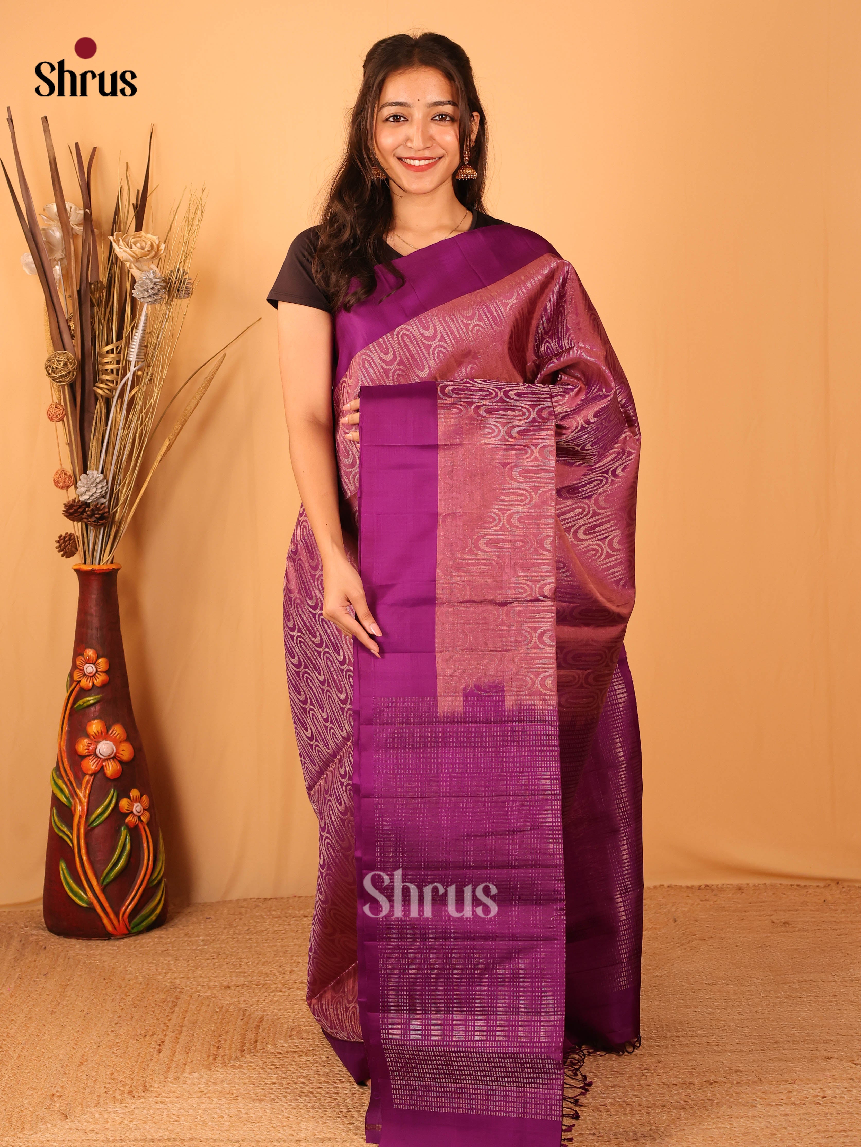 Brown & Violet - Soft Silk Saree - Shop on Shrus.com