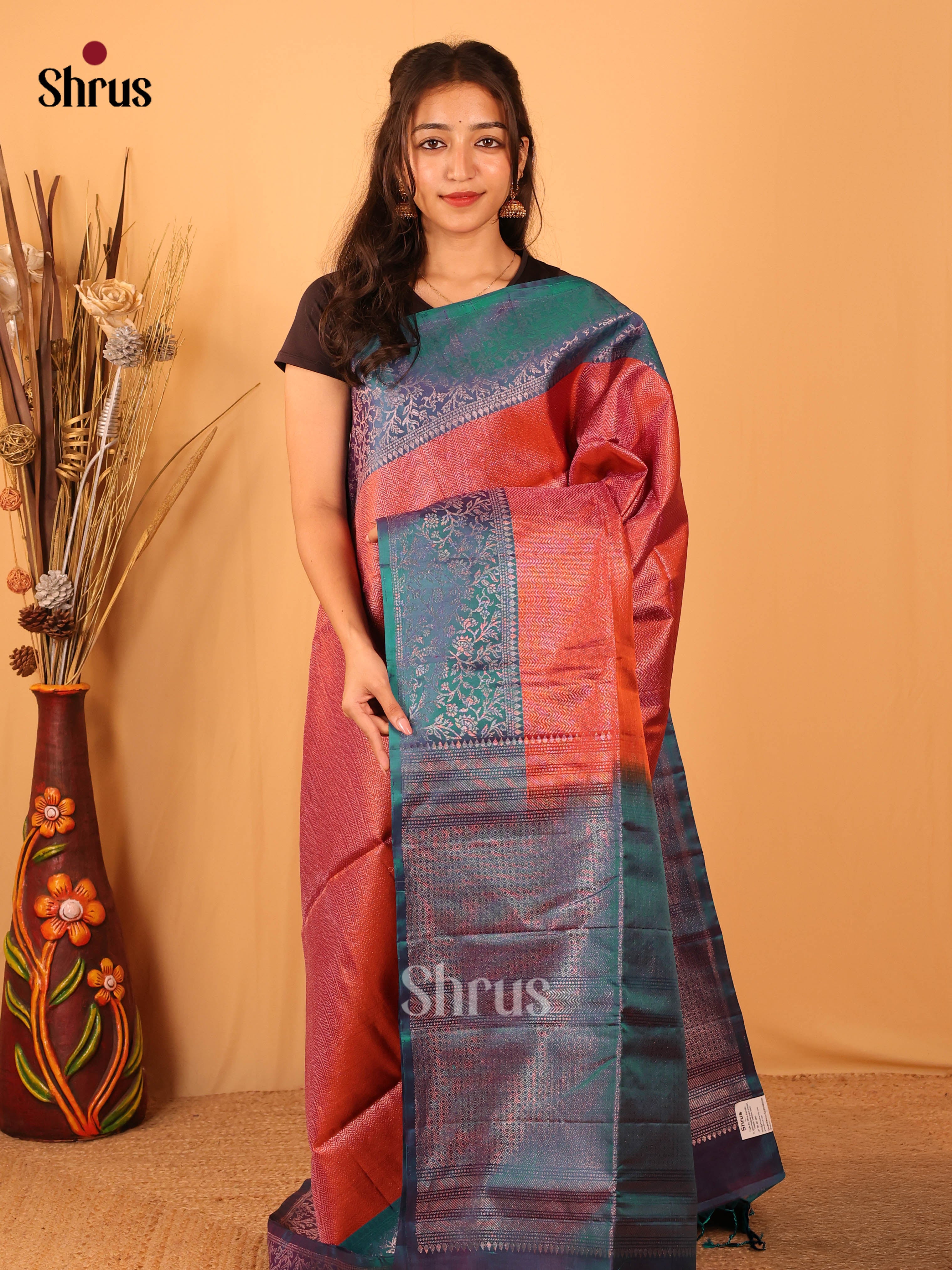 Vibrant Red Soft Silk Saree With Floral Nest Zari, Bluish Green Border & Pallu-1