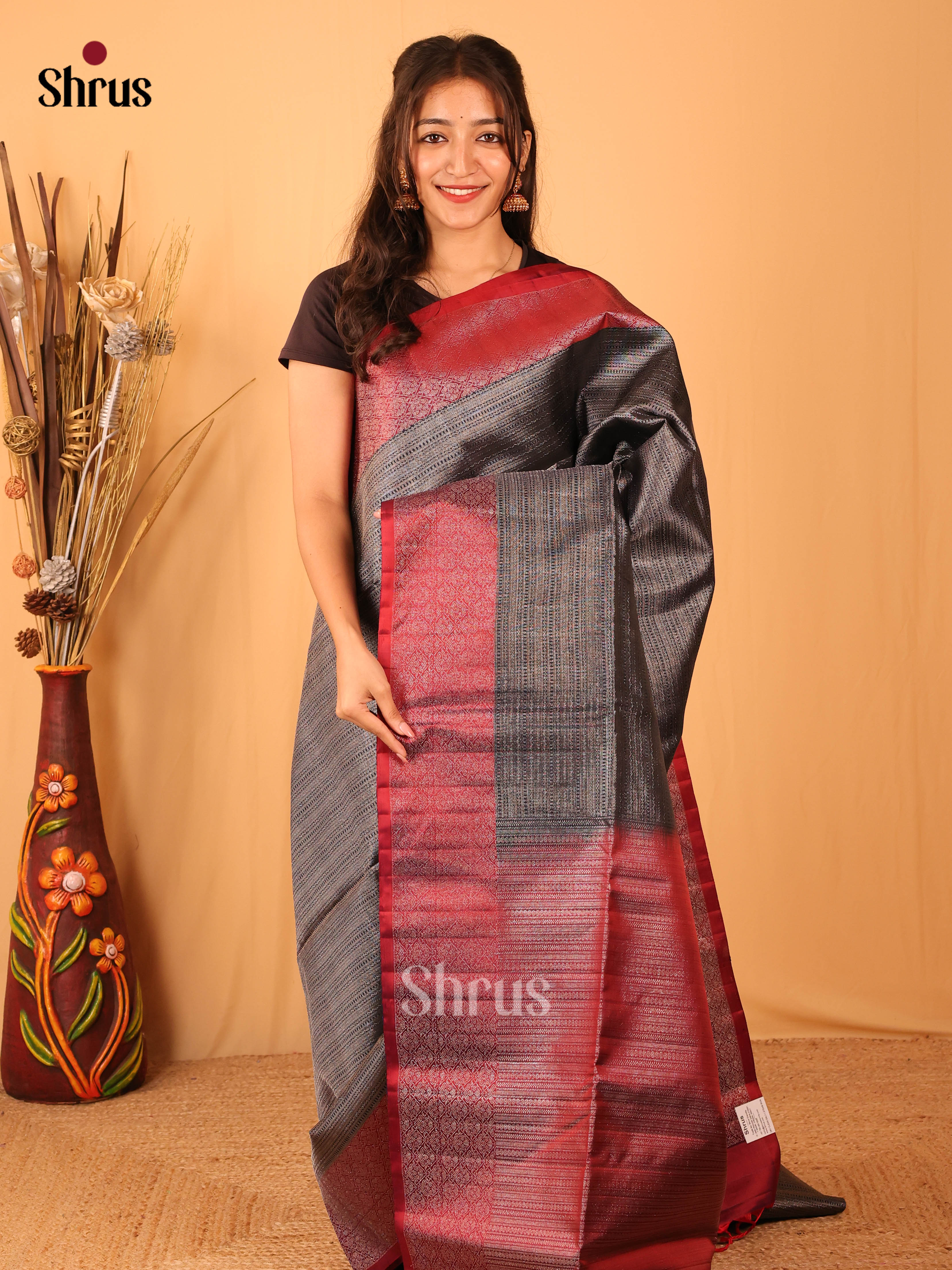 Stunning Black Soft Silk saree With Zari Brocade Body, Striking Maroon Border & Brocade Pallu-1