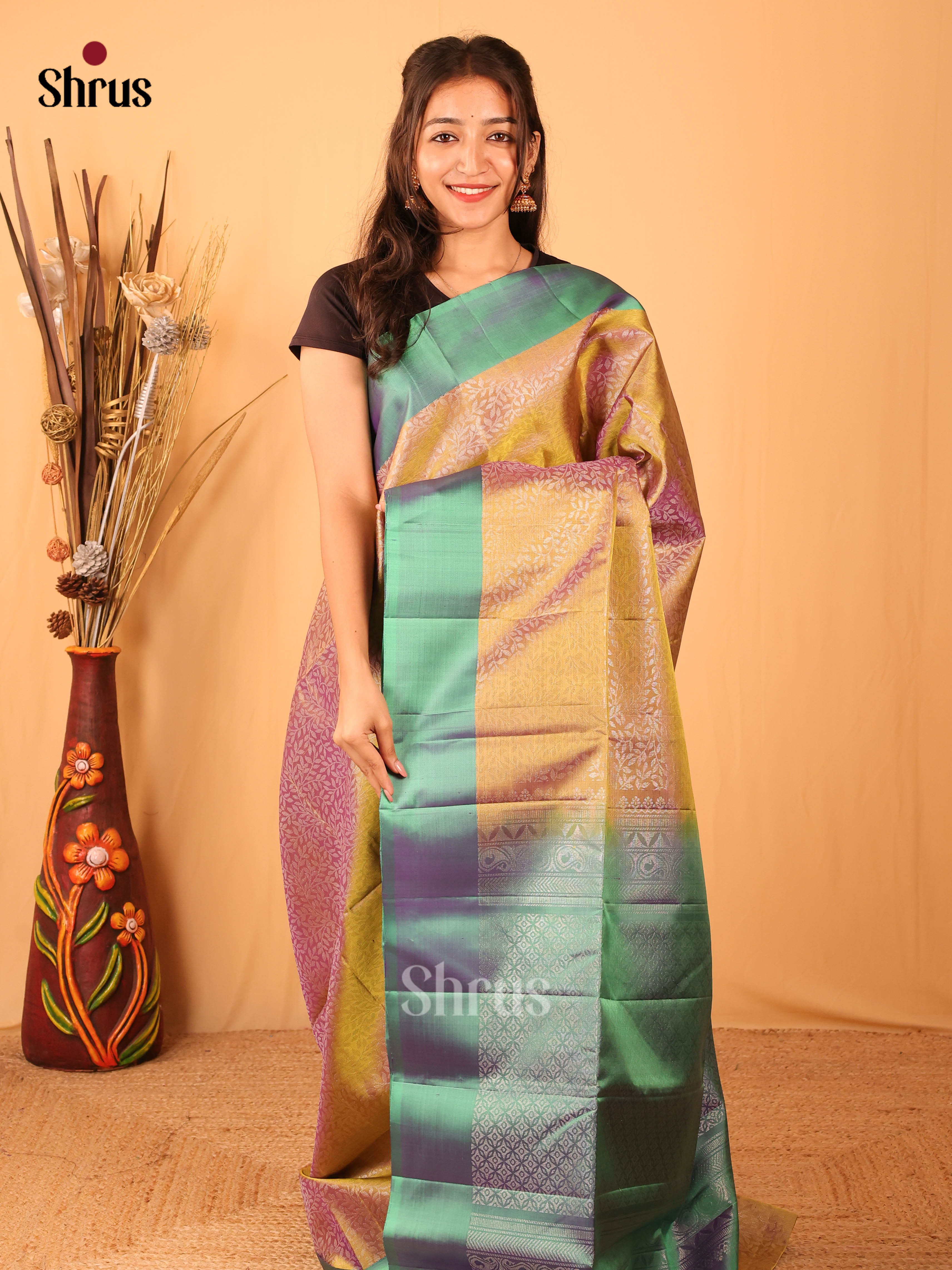 Mehandi & Green - Soft Silk Saree - Shop on Shrus.com