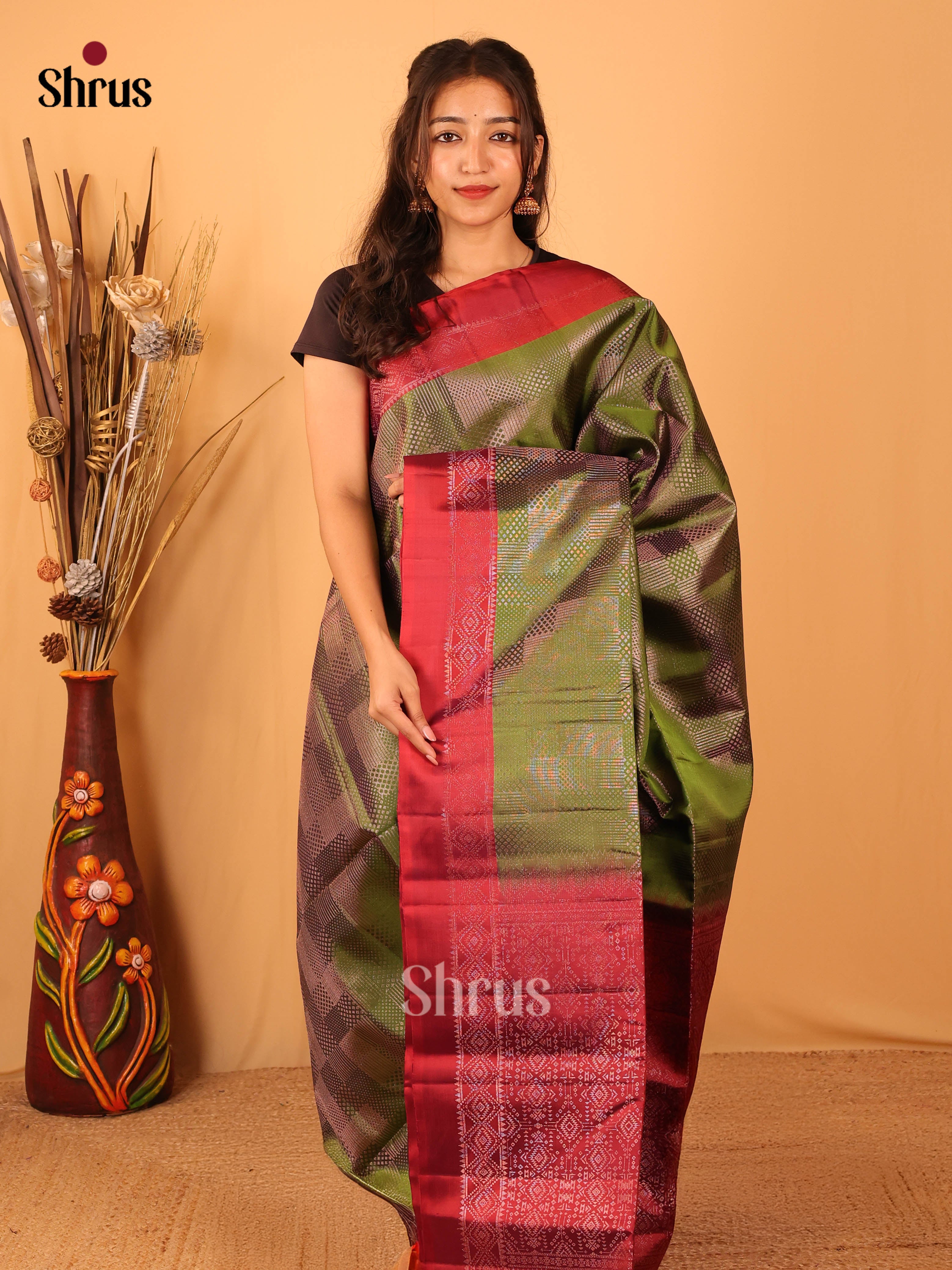 Regal Green Soft Silk Saree With Zari Brocade Body, Striking Maroon Border & Zari Pallu-1