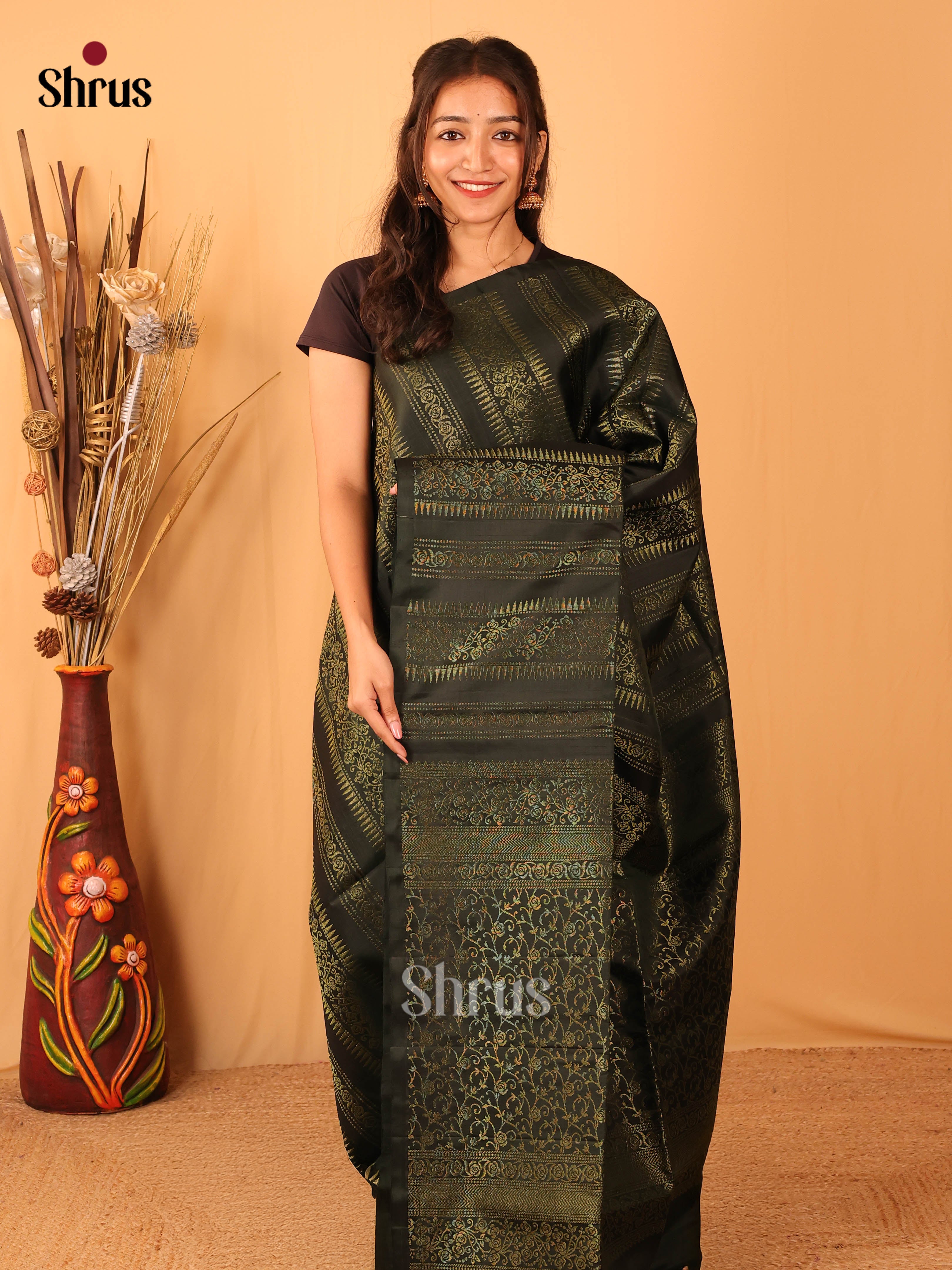Elegant Dark Bottle Green Soft Silk Saree with Floral Zari Vines & Brocade Pallu-1