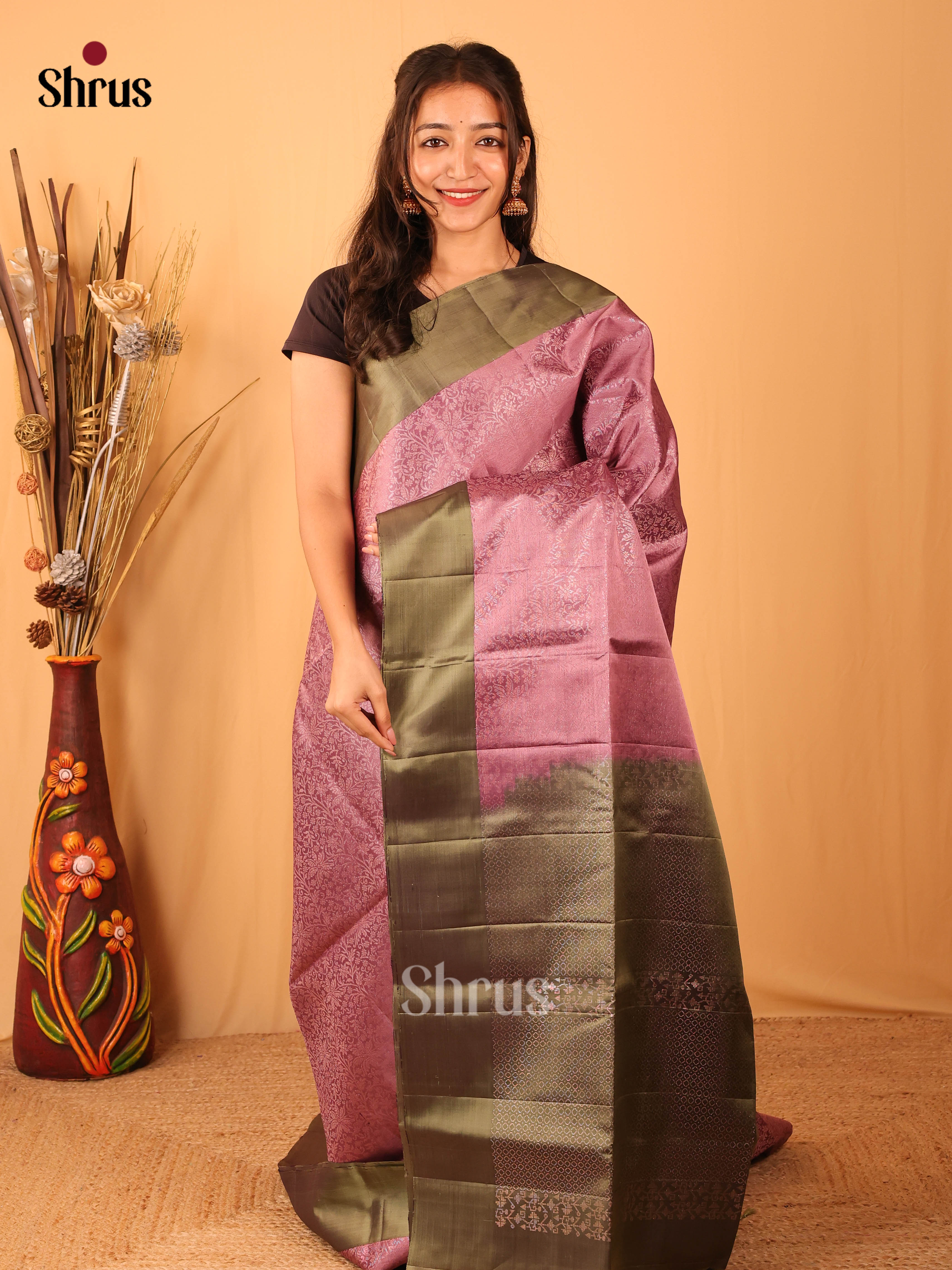 Pink & Chutney Green - Soft Silk Saree - Shop on Shrus.com