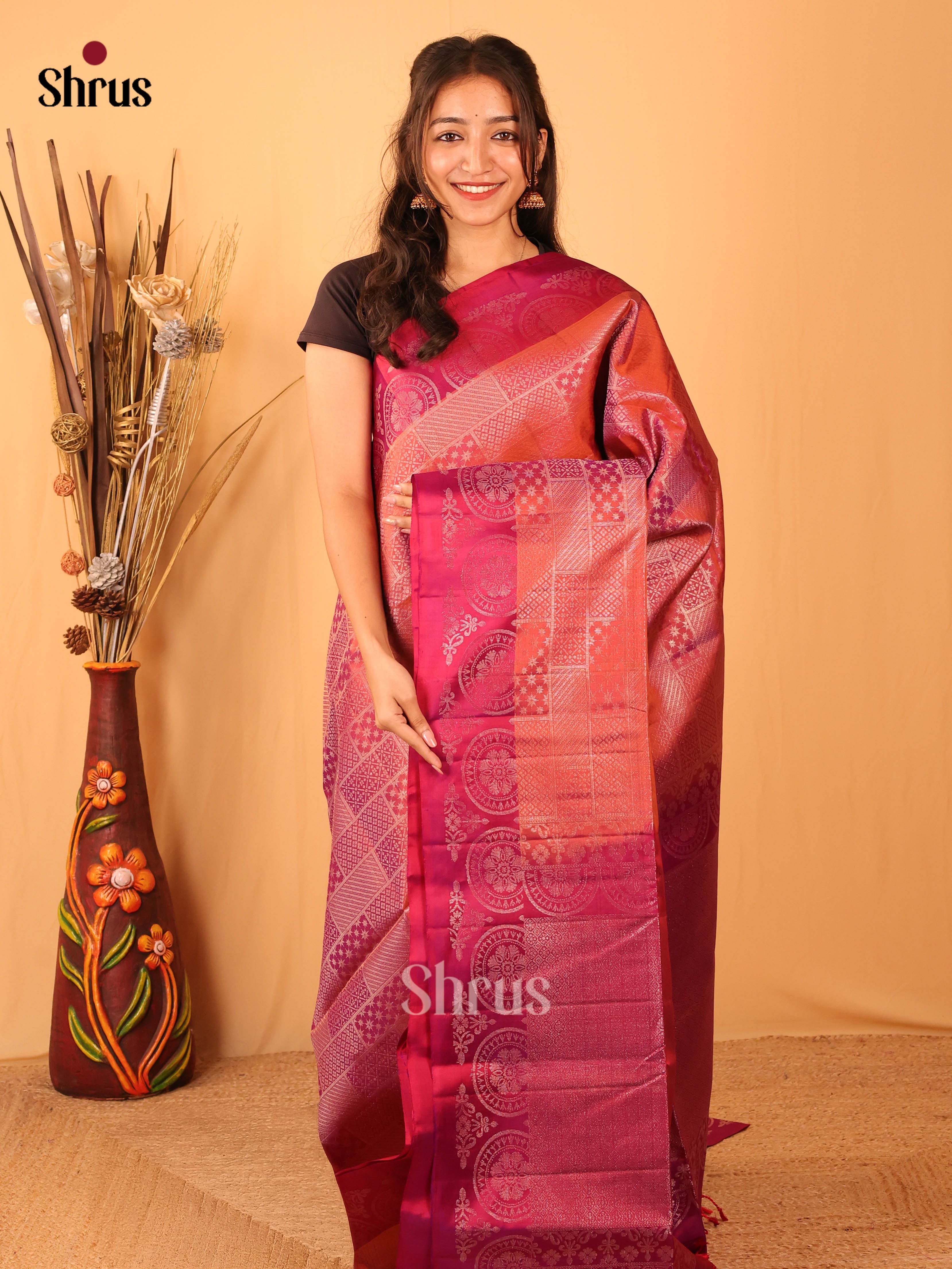 Dazzling Rust Soft Silk Saree With Zari Brocade Body, Maroon Border & Zari Pallu-1