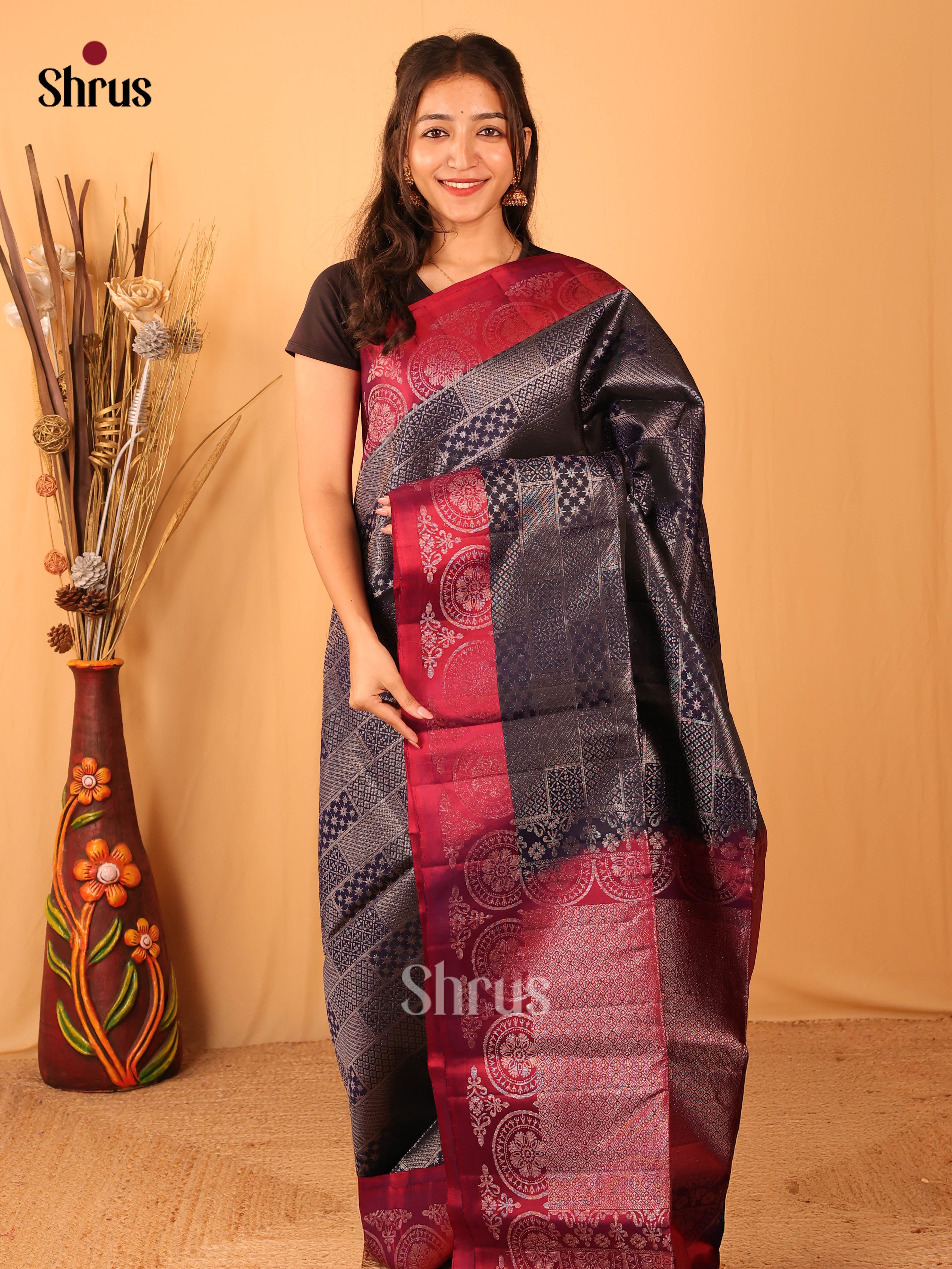 Timeless Navy Blue Soft Silk Saree With Floral Brocade Body & Striking Maroon Zari Border-1