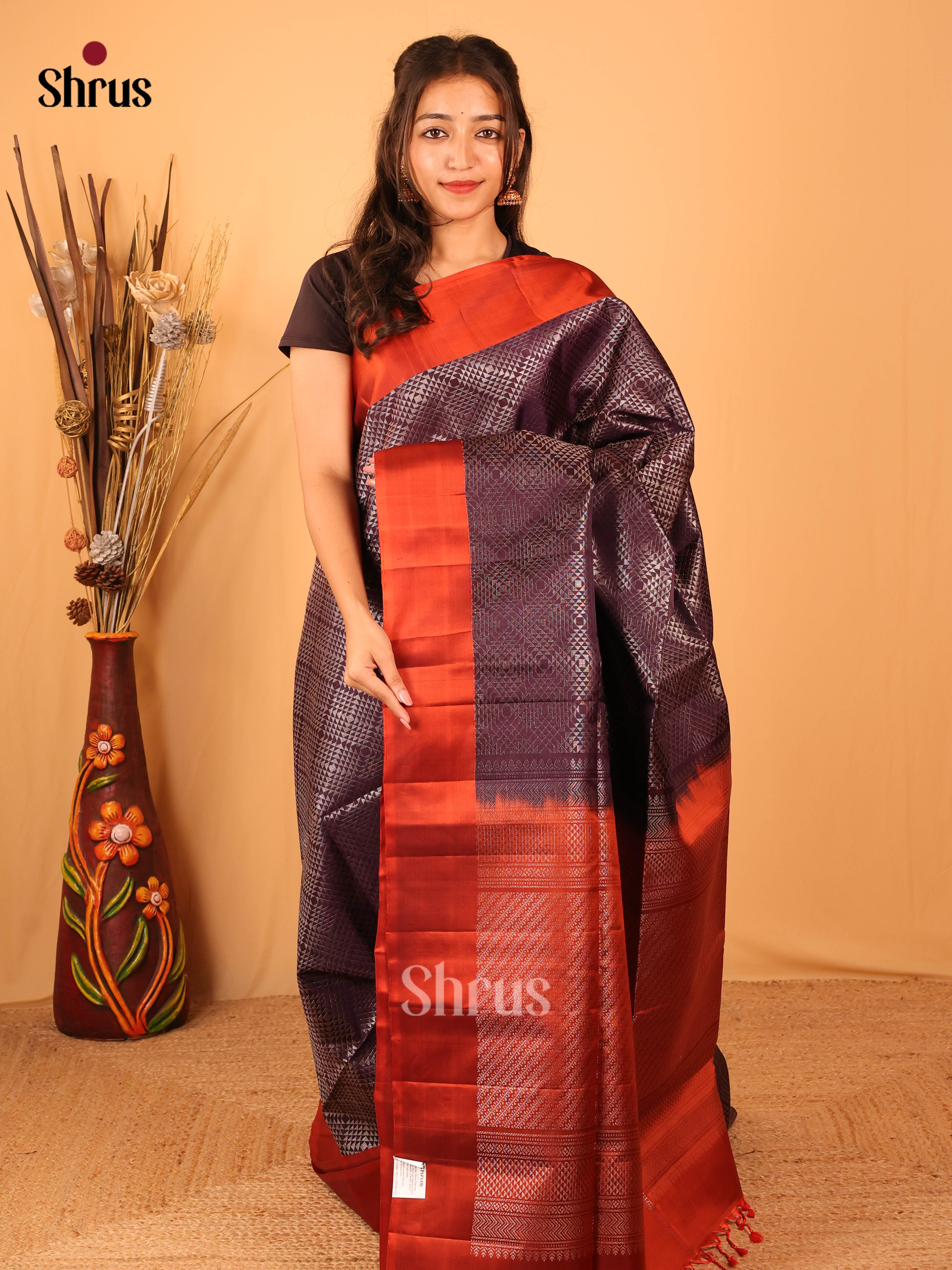 Alluring Jamun Soft Silk Saree With Jamun Zari Brocade, Rust Border & Brocade Pallu - Shop on Shrus.com