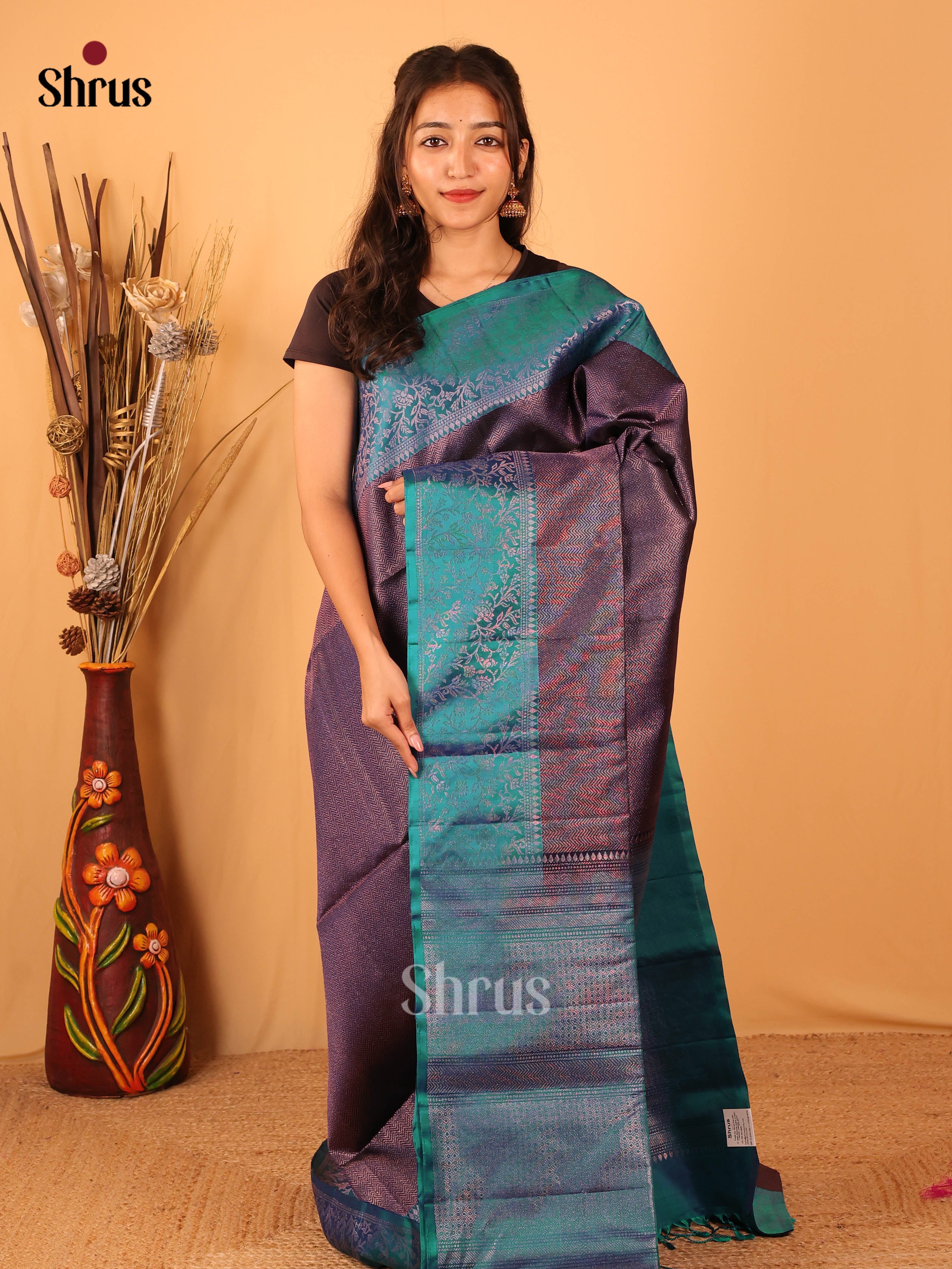 Dazzling Violet Soft Silk Saree With Wavy Zari Stripes, Blue Border & Brocade Pallu - Shop on Shrus.com