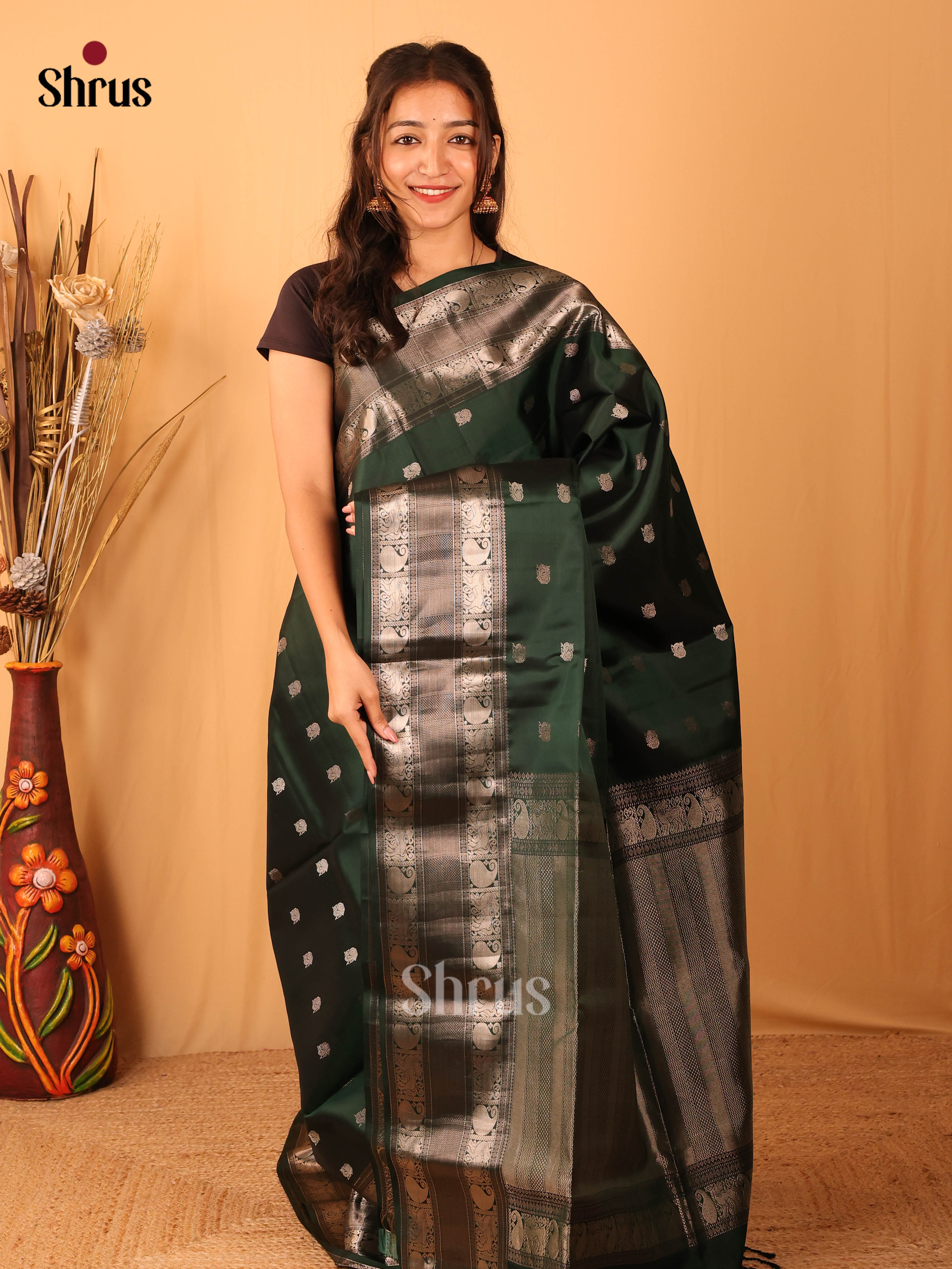Bottle Green(Single Tone) - Soft Silk Saree - Shop on Shrus.com