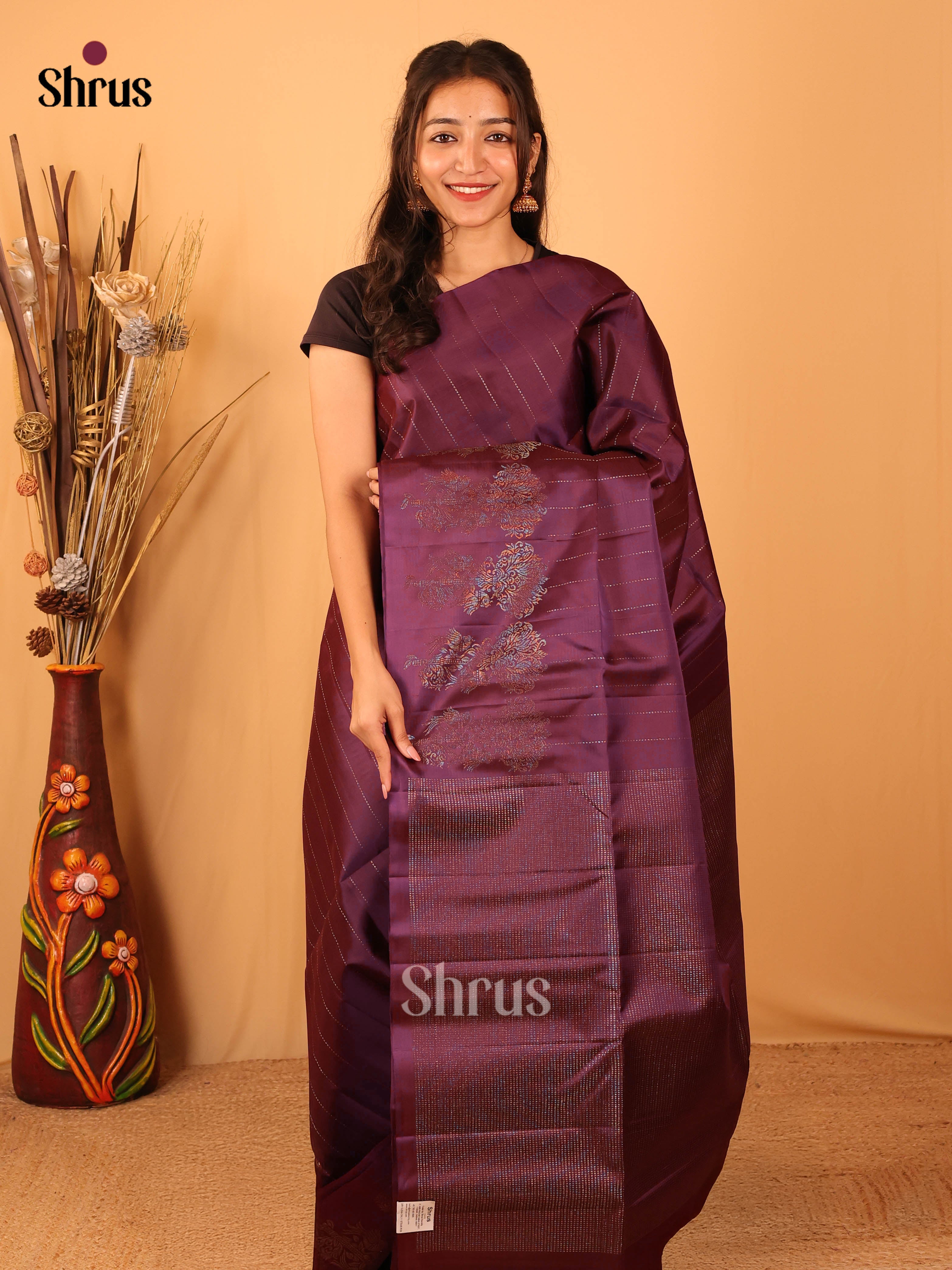 Opulent Purple Soft Silk Saree With Floral Zari Buttas & Stripes, Self Border & Pallu-1