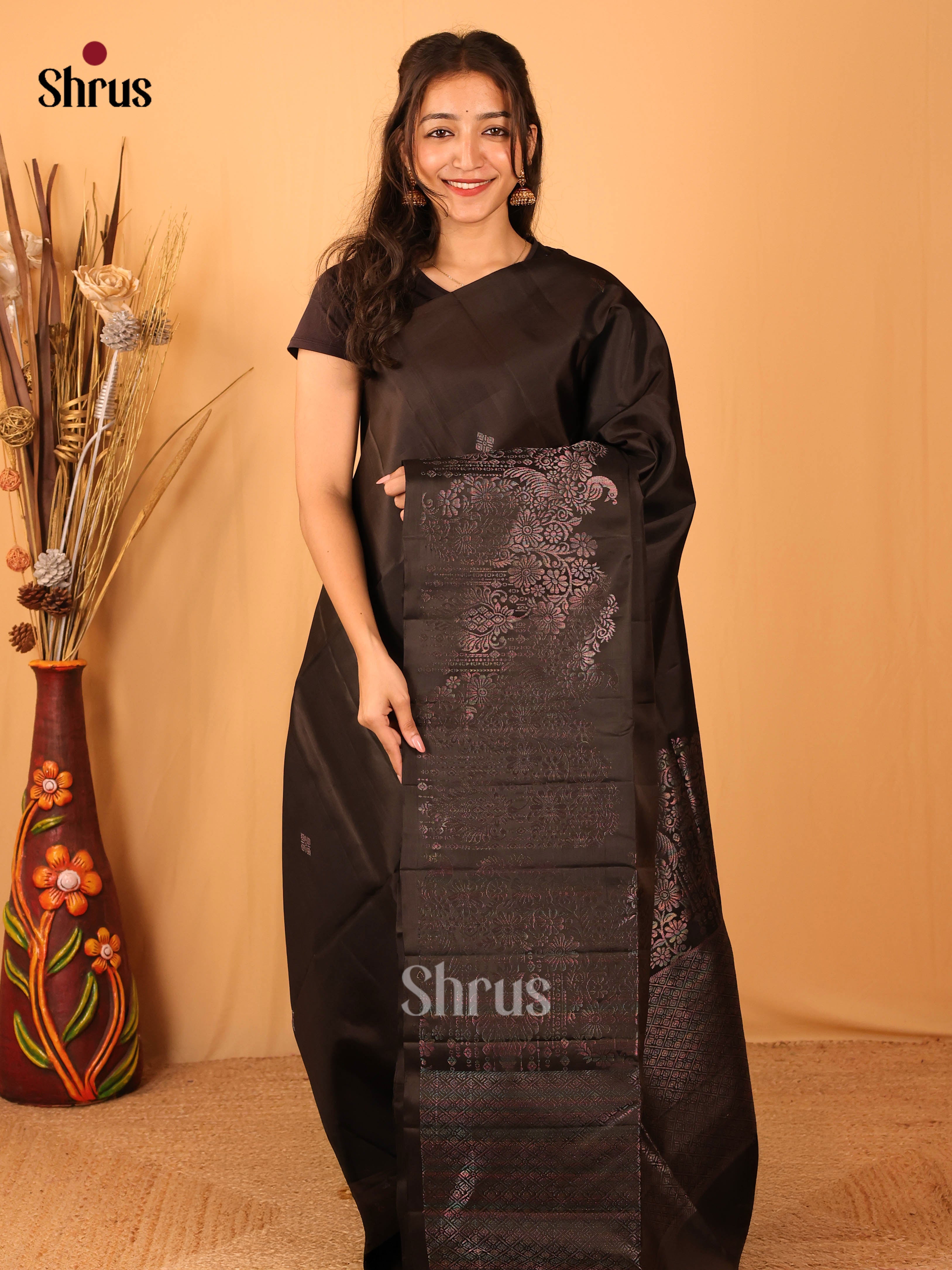 Stunning Black Soft Silk Saree with Floral Buttas, Self Zari Border & Brocade Pallu-1